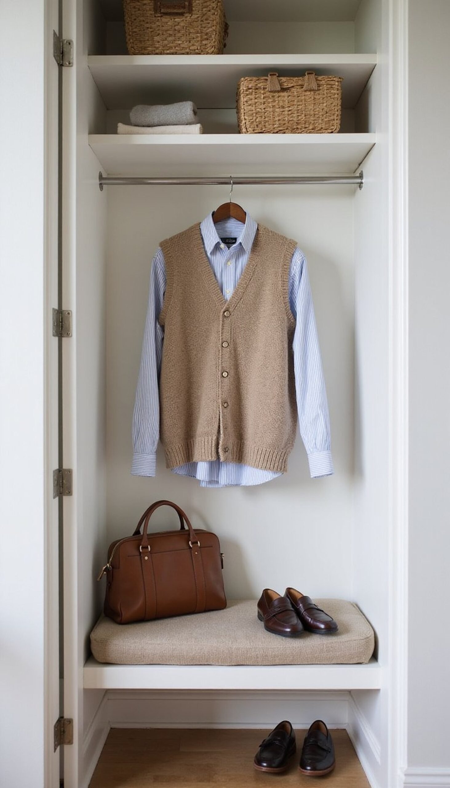 Button-up layered under a sweater vest look