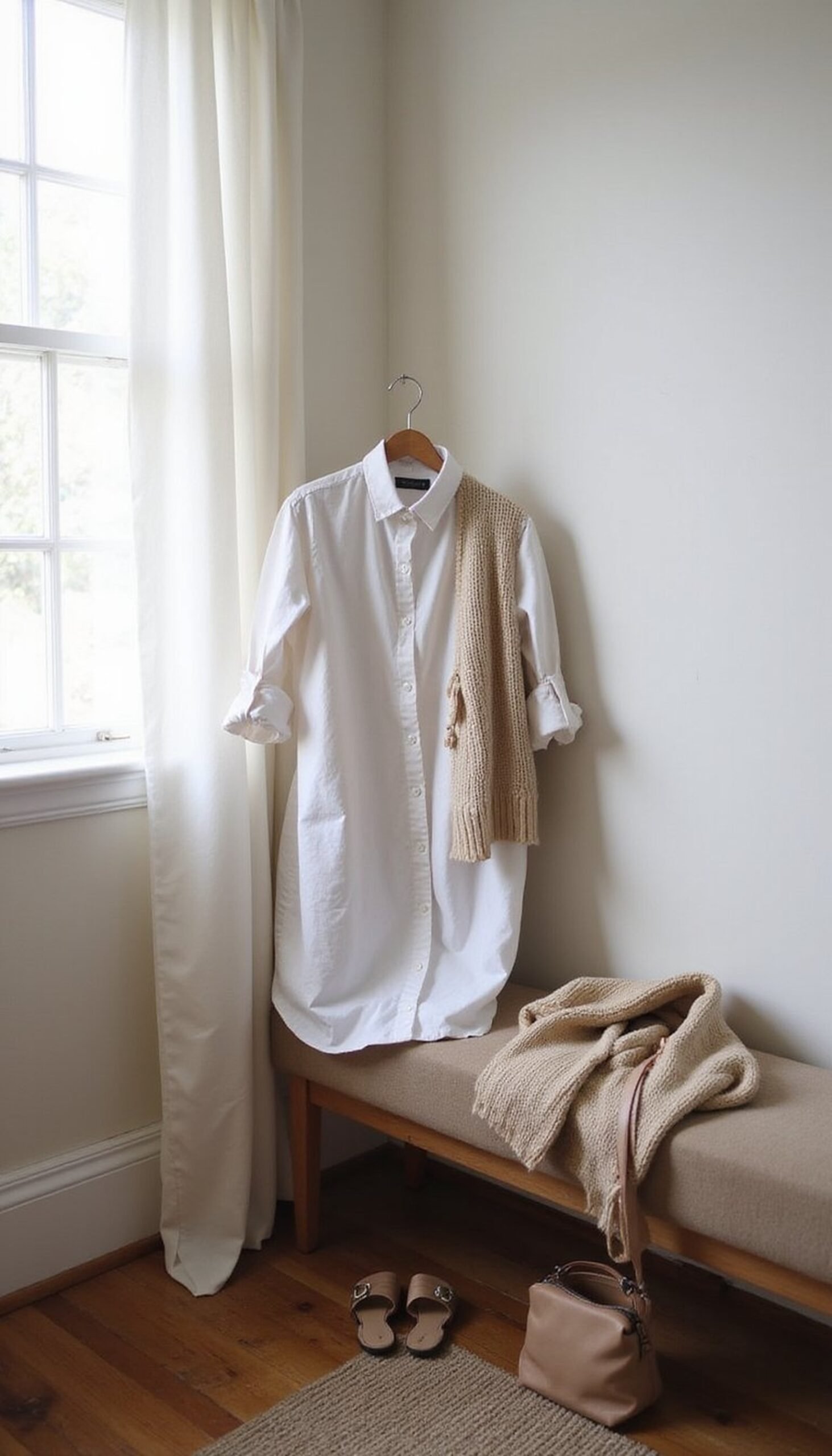 Layered shirt dress with lightweight outerwear