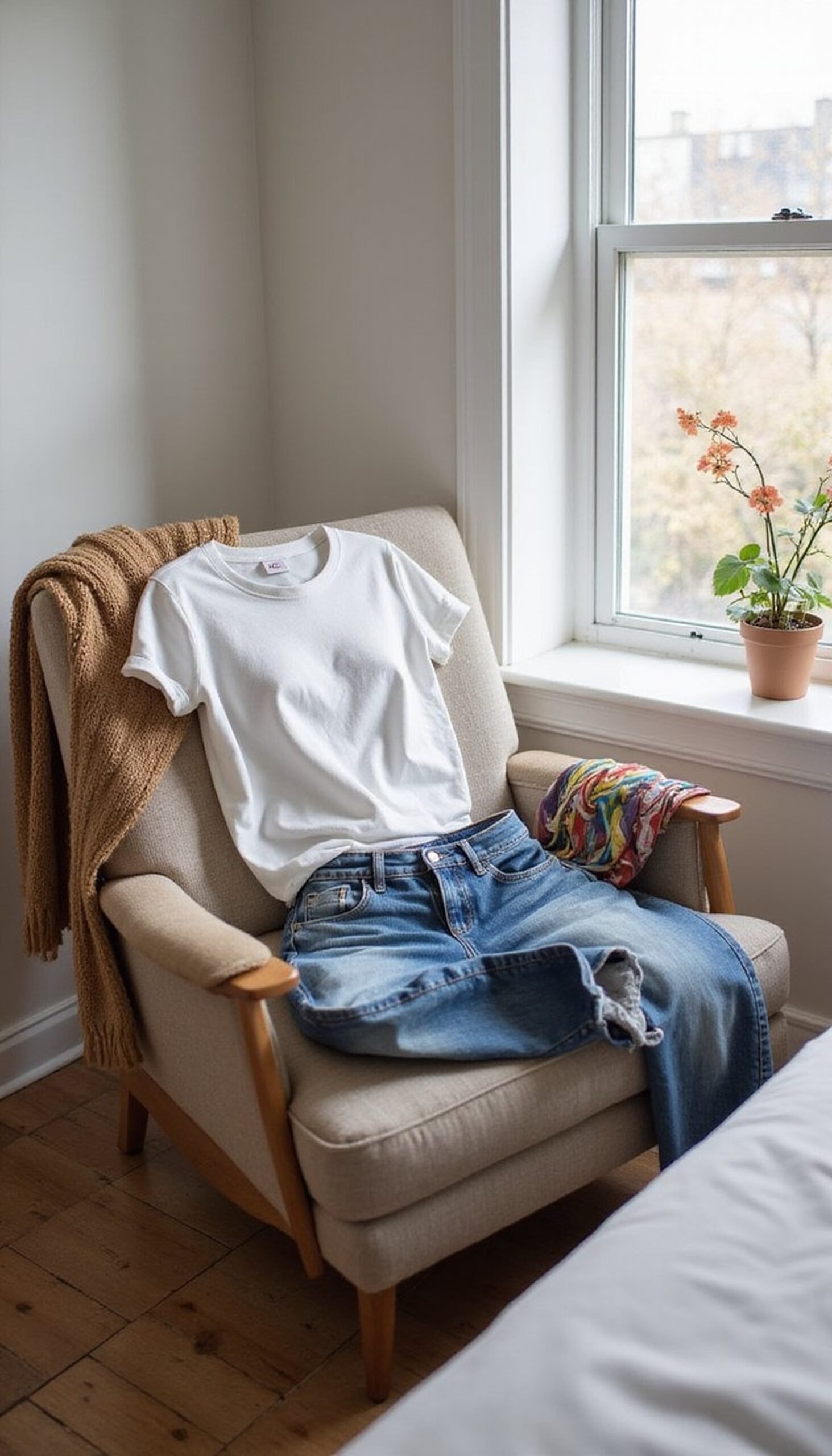 Neutral basics with a color scarf twist