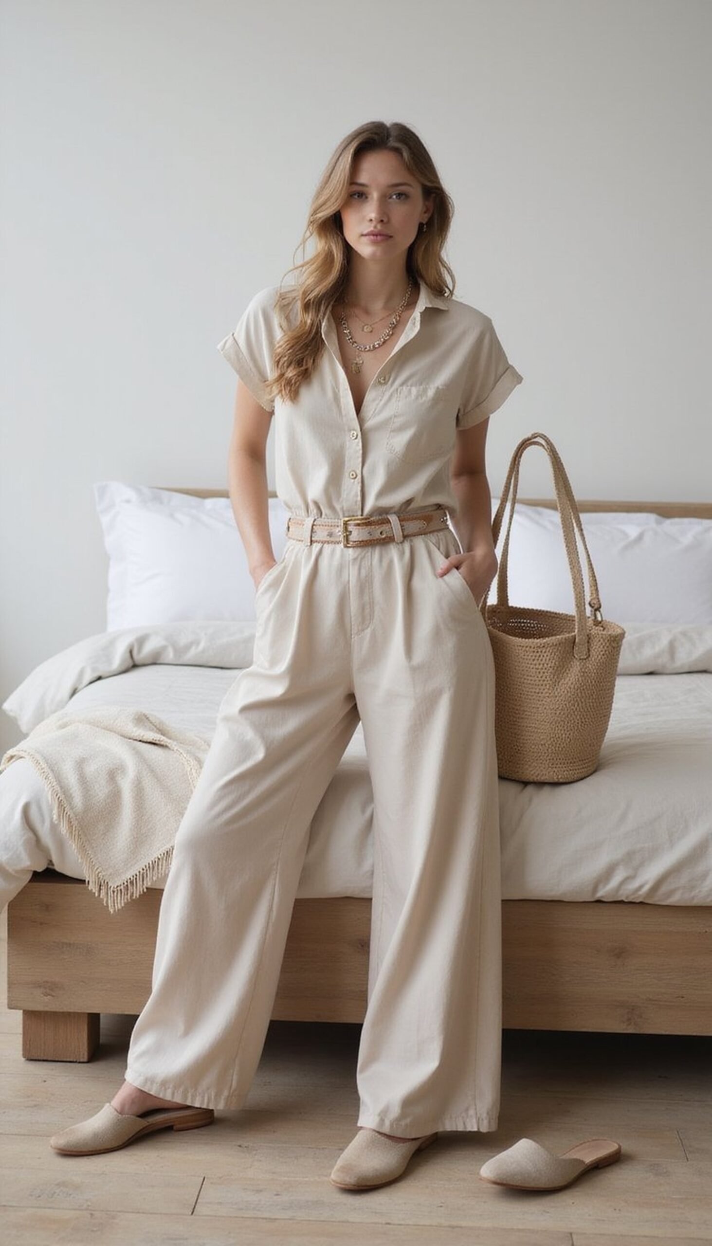 Neutral jumpsuit with layered necklaces