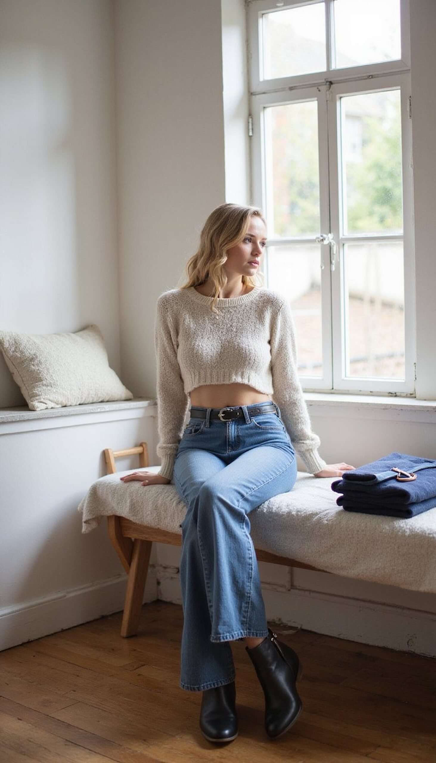 Soft cropped sweater with high-waist jeans