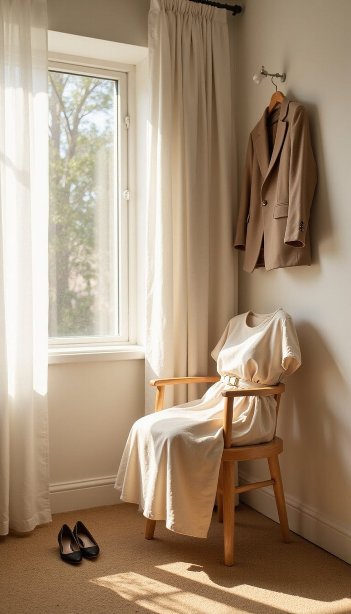 Soft neutral dress with structured outer layer