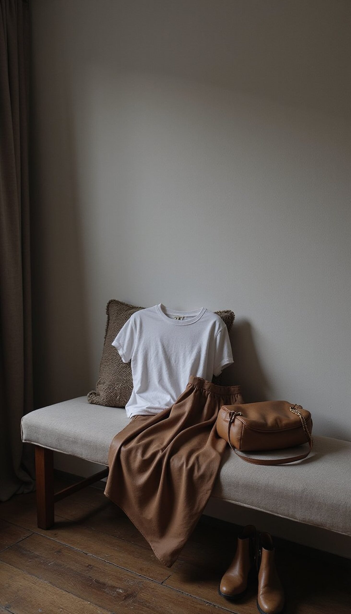 Soft tee, leather skirt, and ankle boots — contrast
