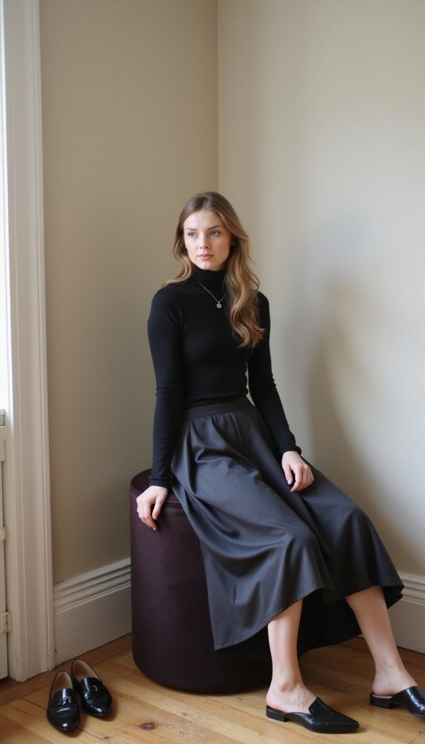Turtleneck and slip skirt for refined texture mixing