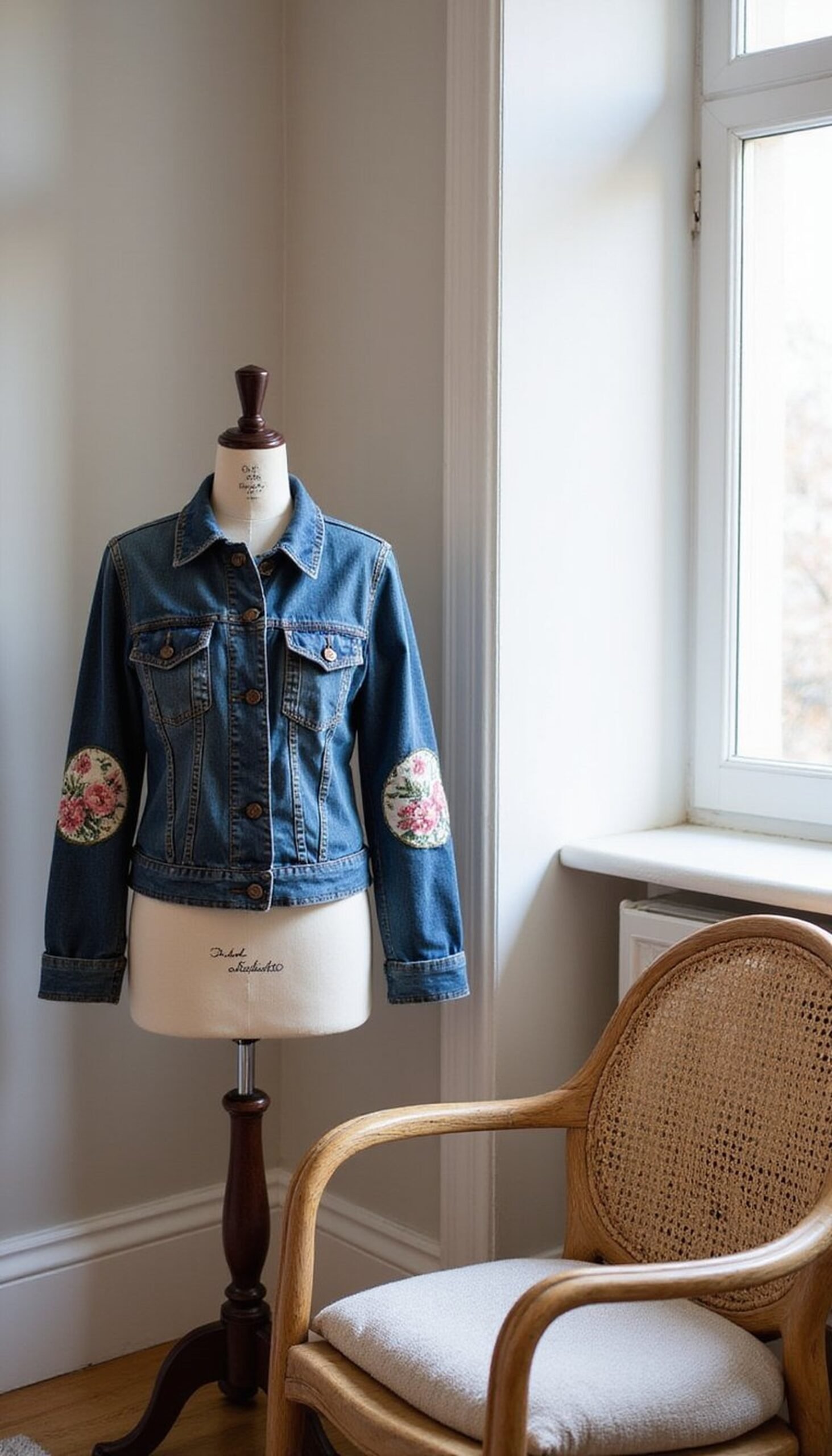 Denim Jacket with Floral Patchwork Trim for Earth Day