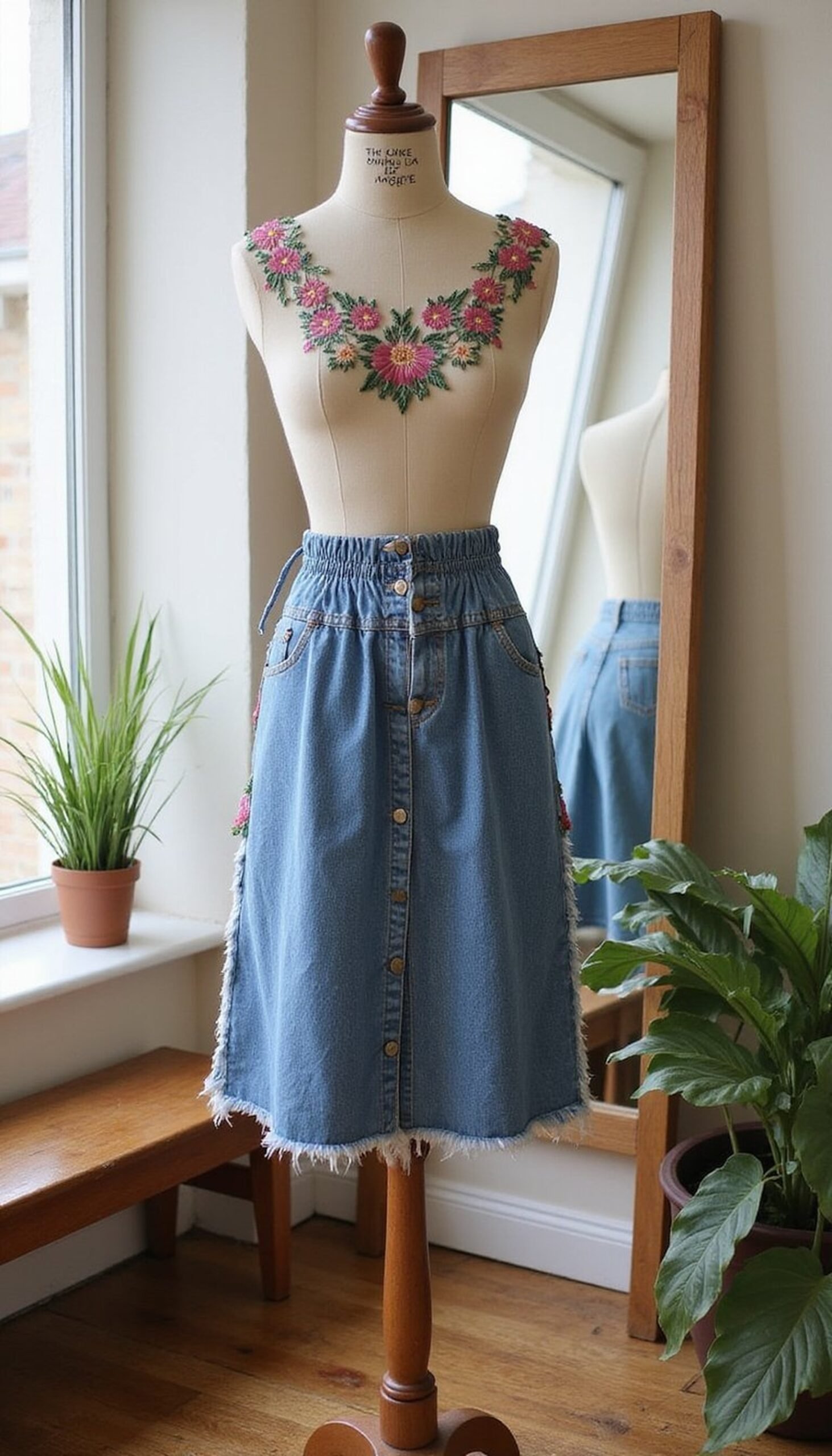 Denim Skirt with Frayed Panel and Embroidery