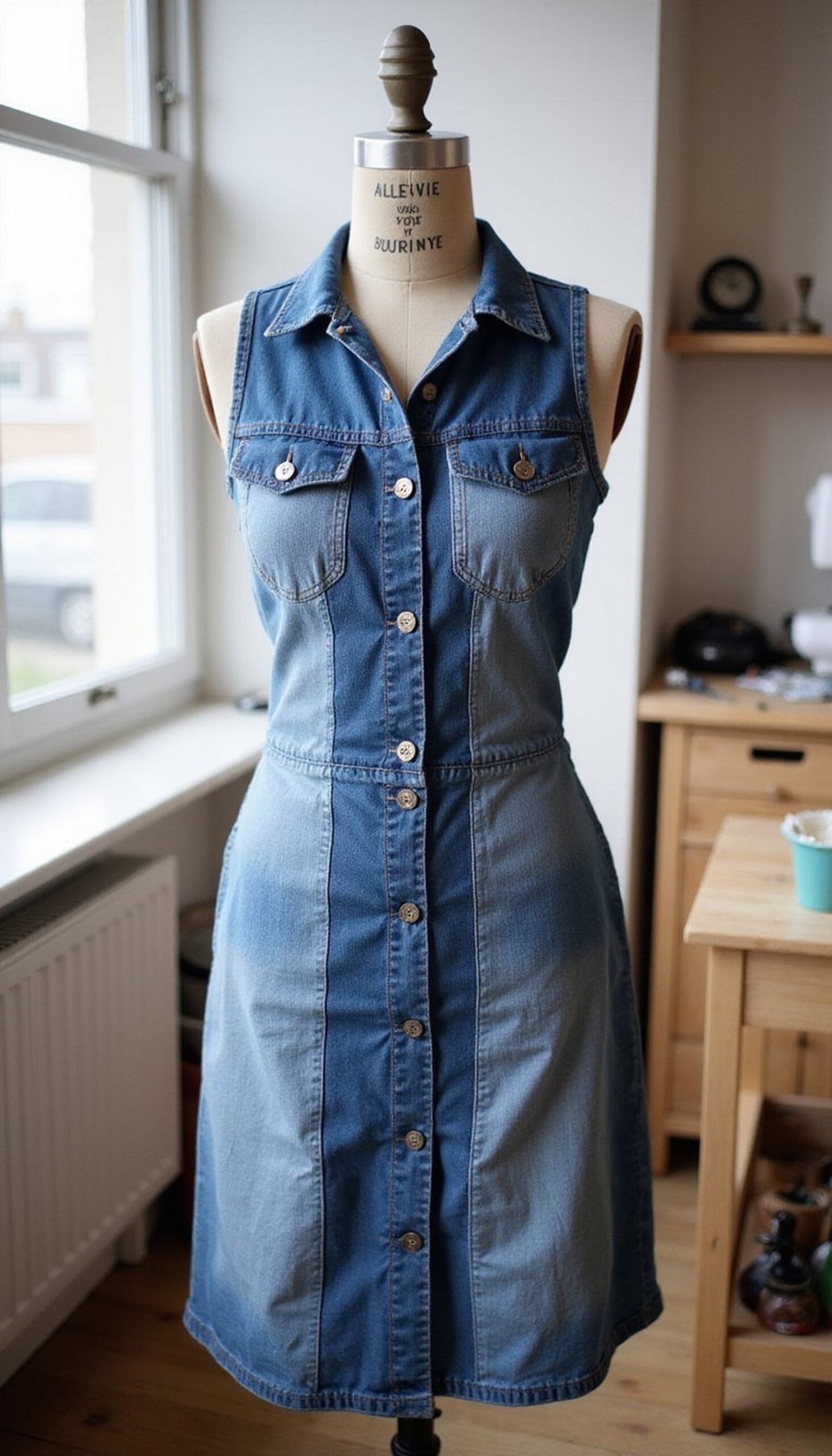 Upcycled Denim Dress with Button Front Closure