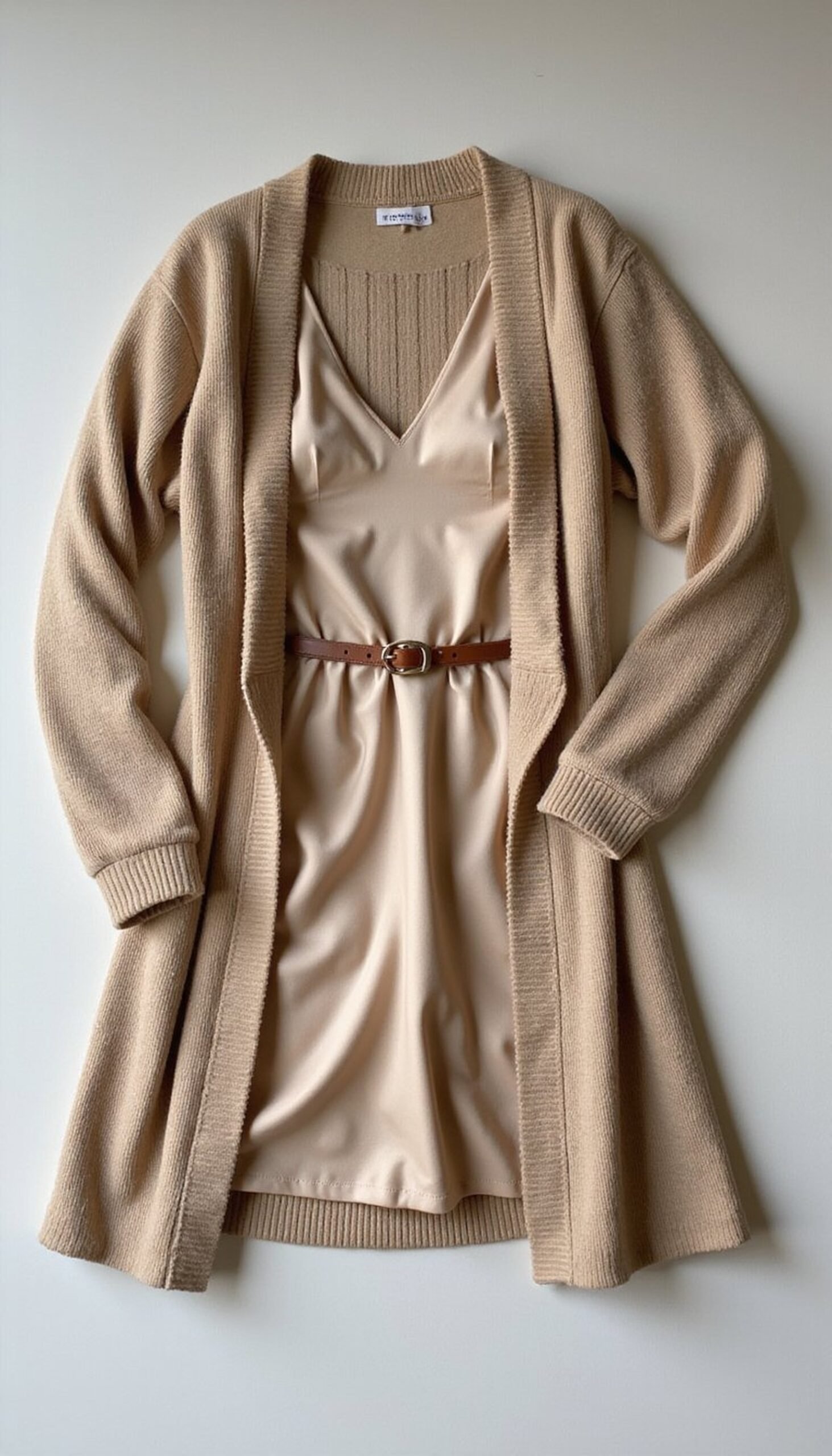 Belted cardigan layered over satin slip