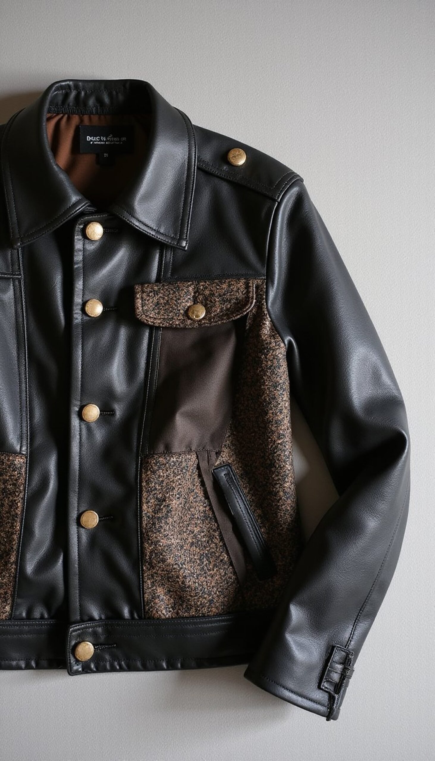 Leather jacket patched with fabric swatches