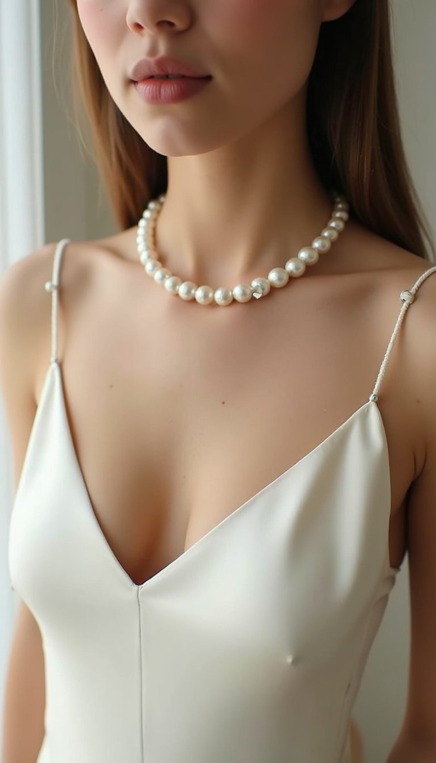 Pearl pins on a minimal slip dress neckline