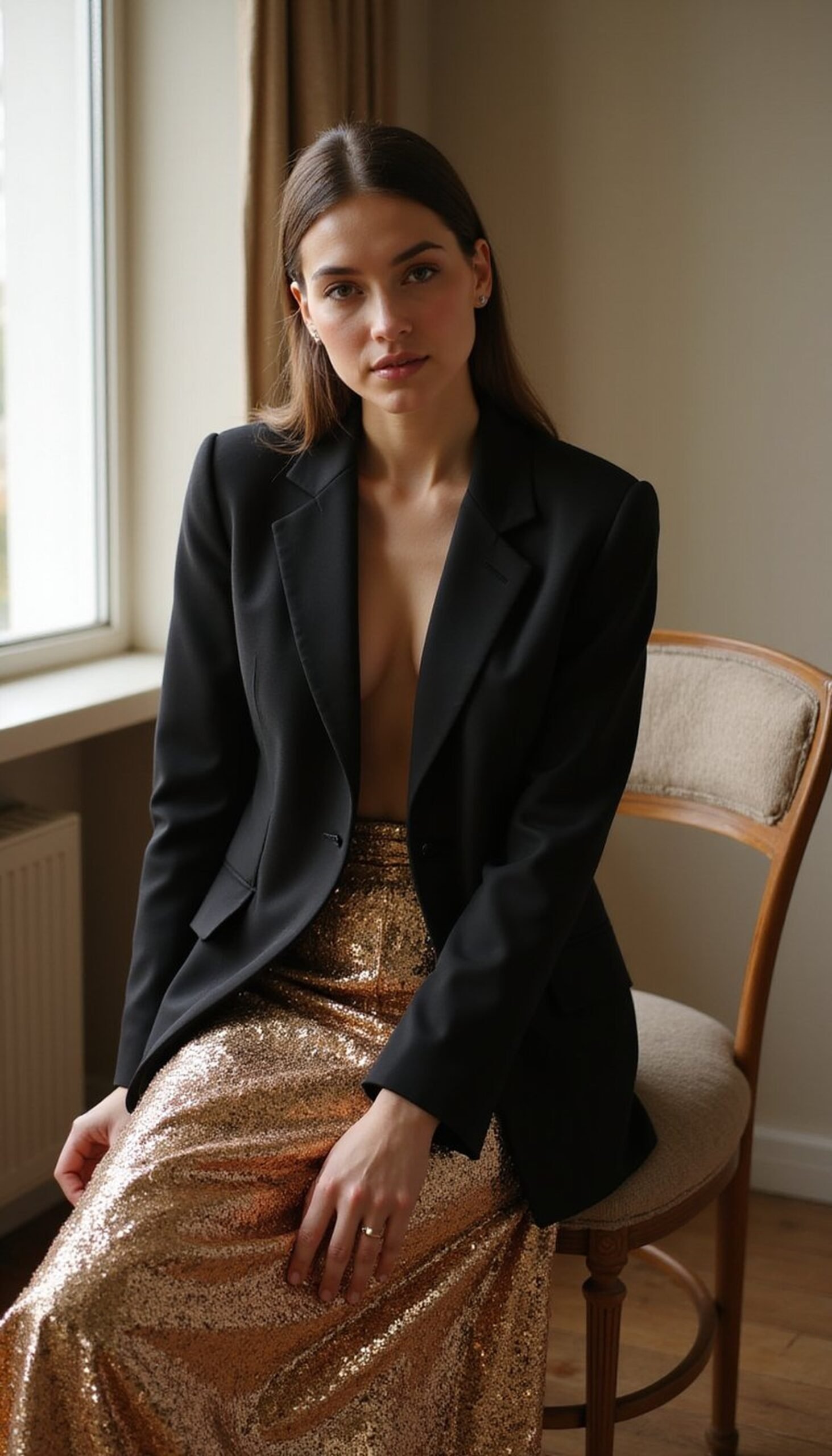 Sequin skirt under a classic blazer