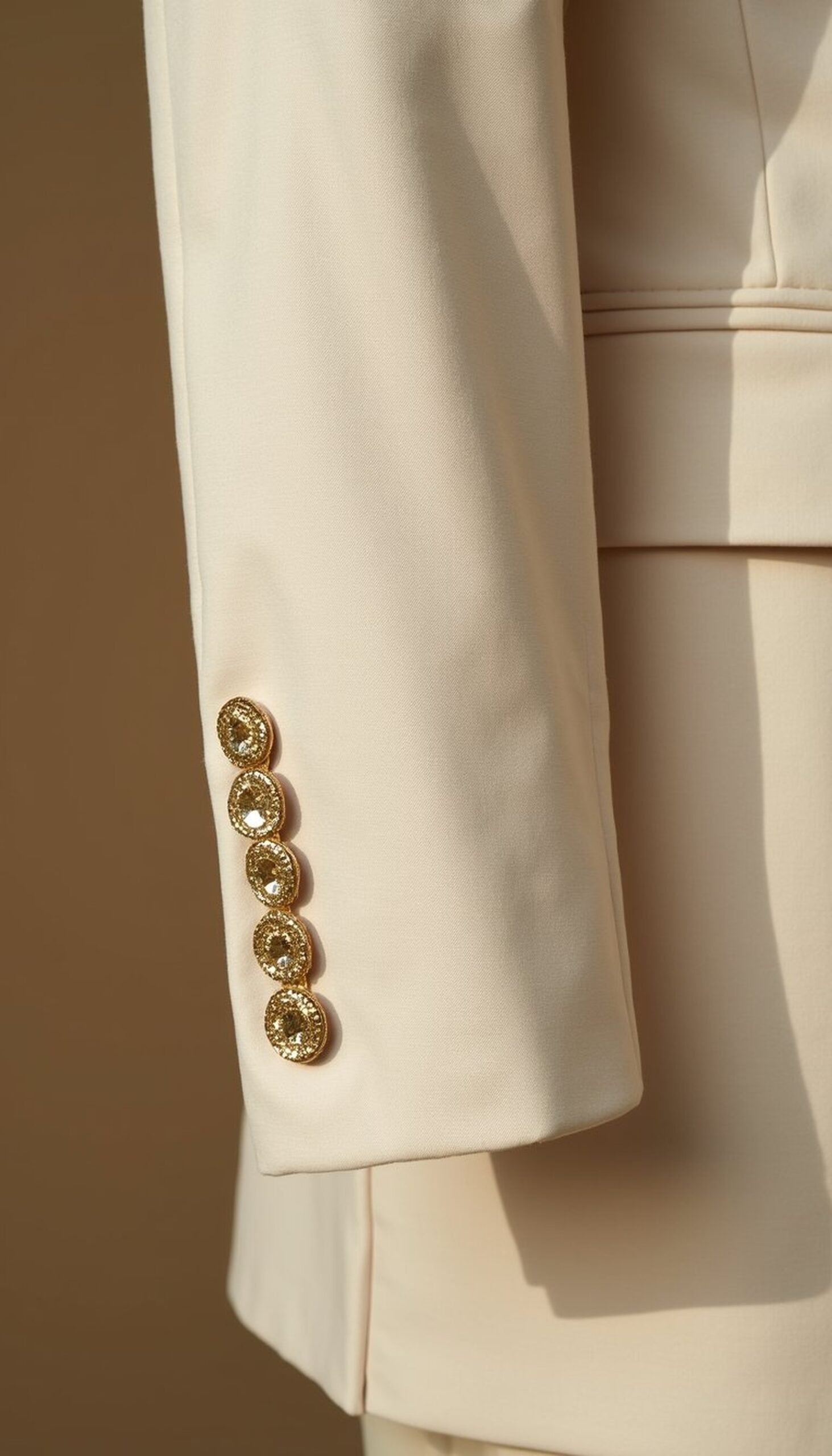 Sequin trim on pocket edges and cuffs