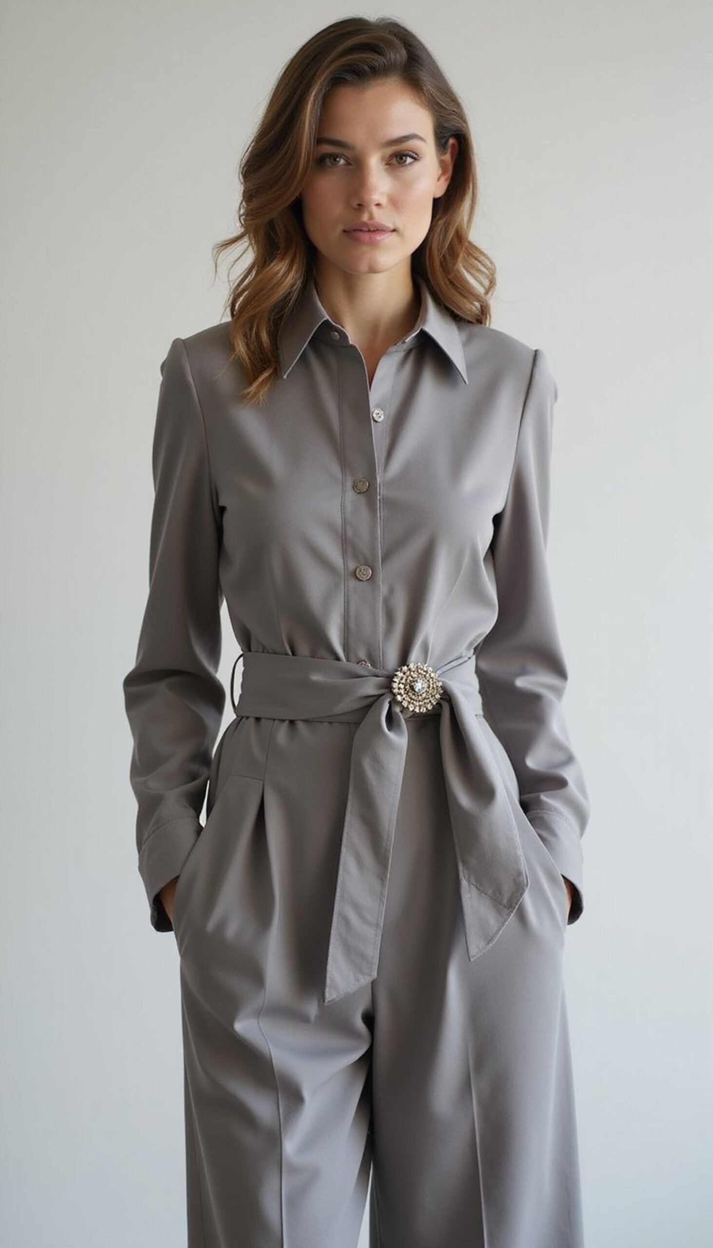 Tailored jumpsuit with sash and brooch