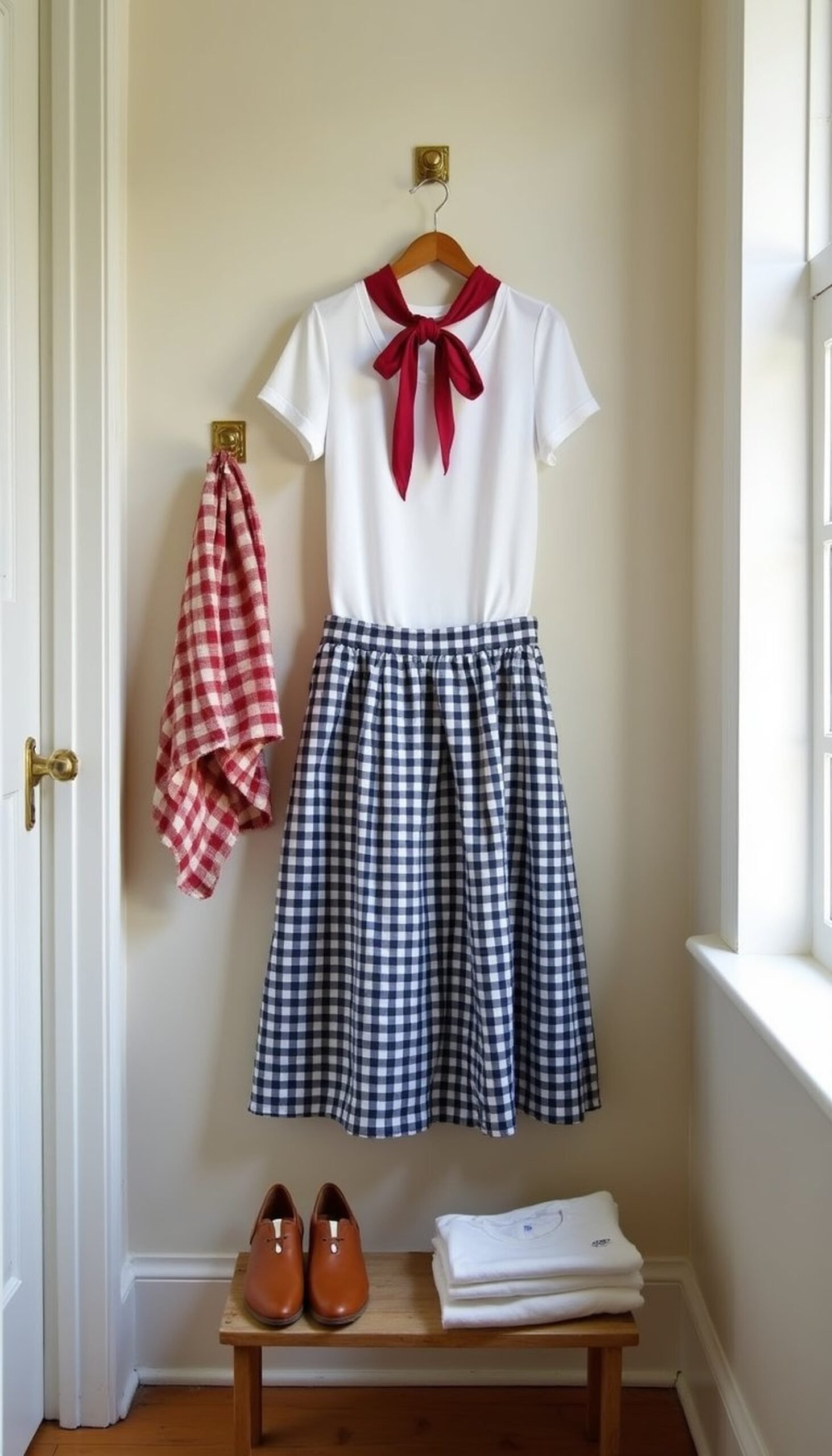 Gingham skirt with tied waist scarf detail