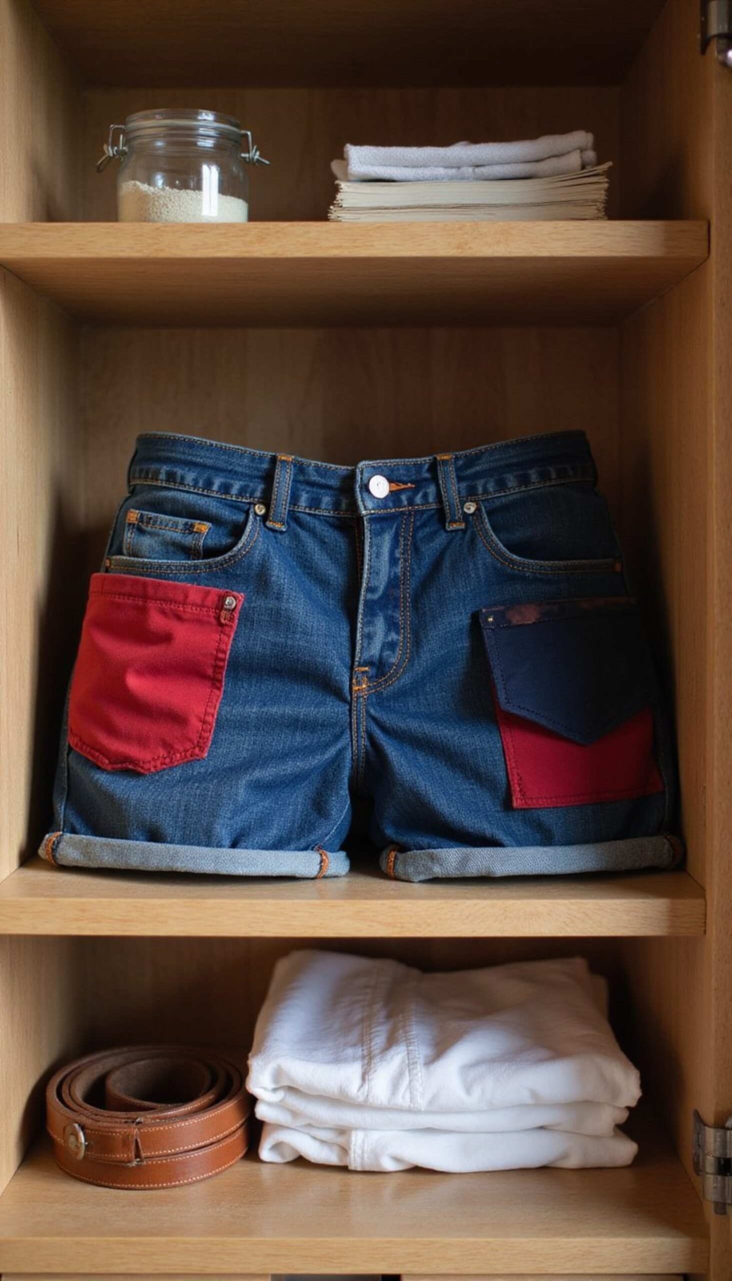 Patchwork denim shorts with pop-color patches