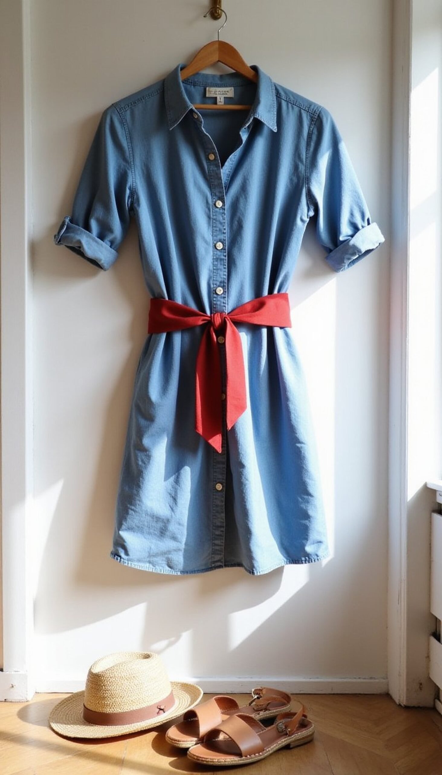 Red ribbon belt over chambray shirt dress