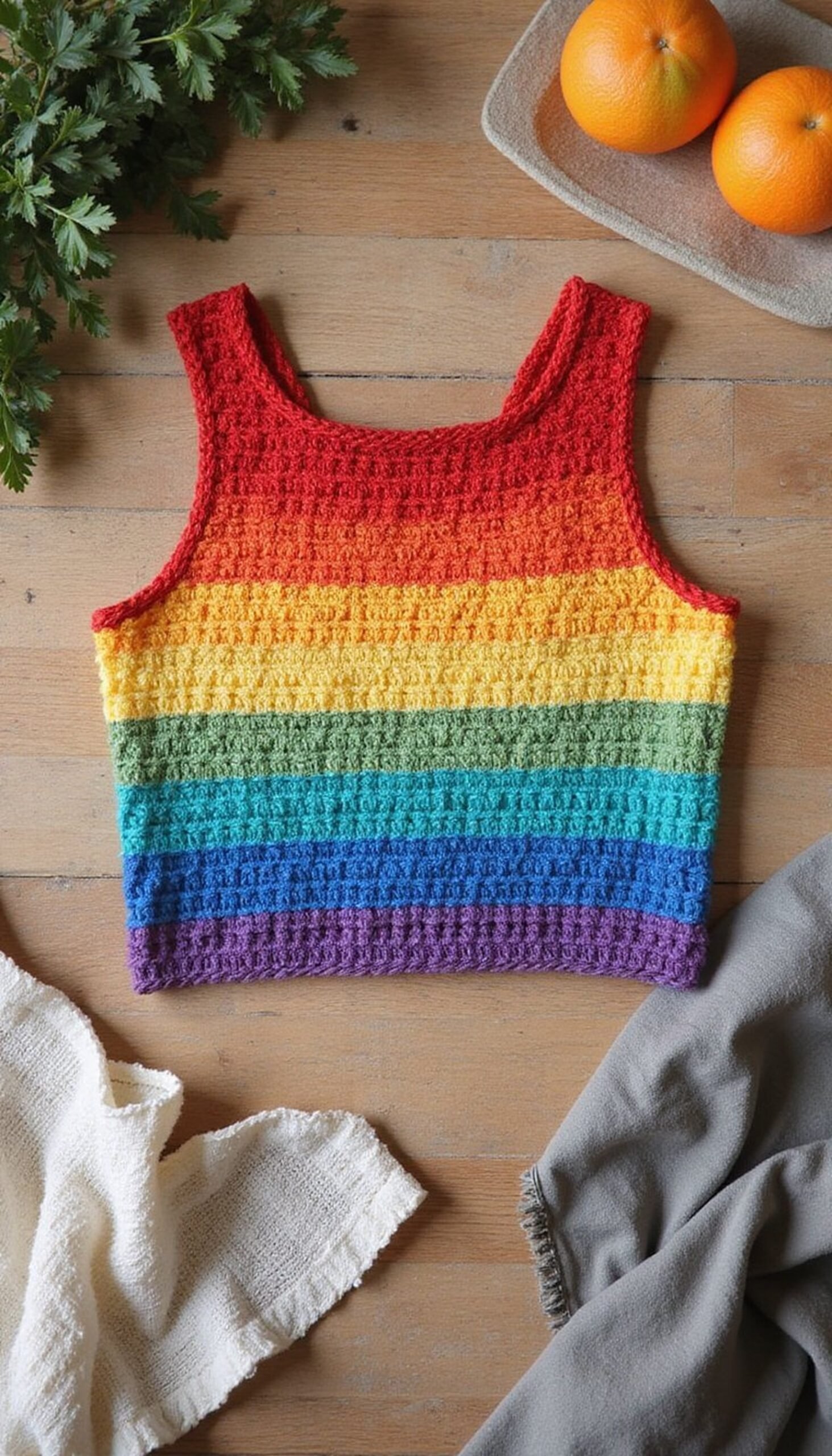 Crochet Gradient Crop Top in Rainbow Stripes