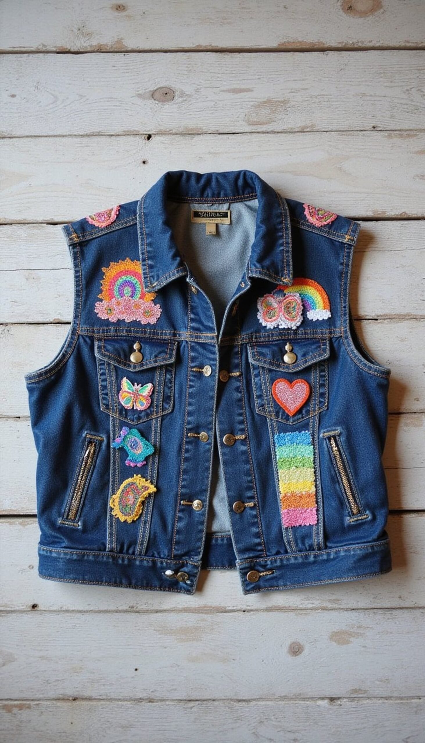 Glittered Denim Vest with Patch Collage