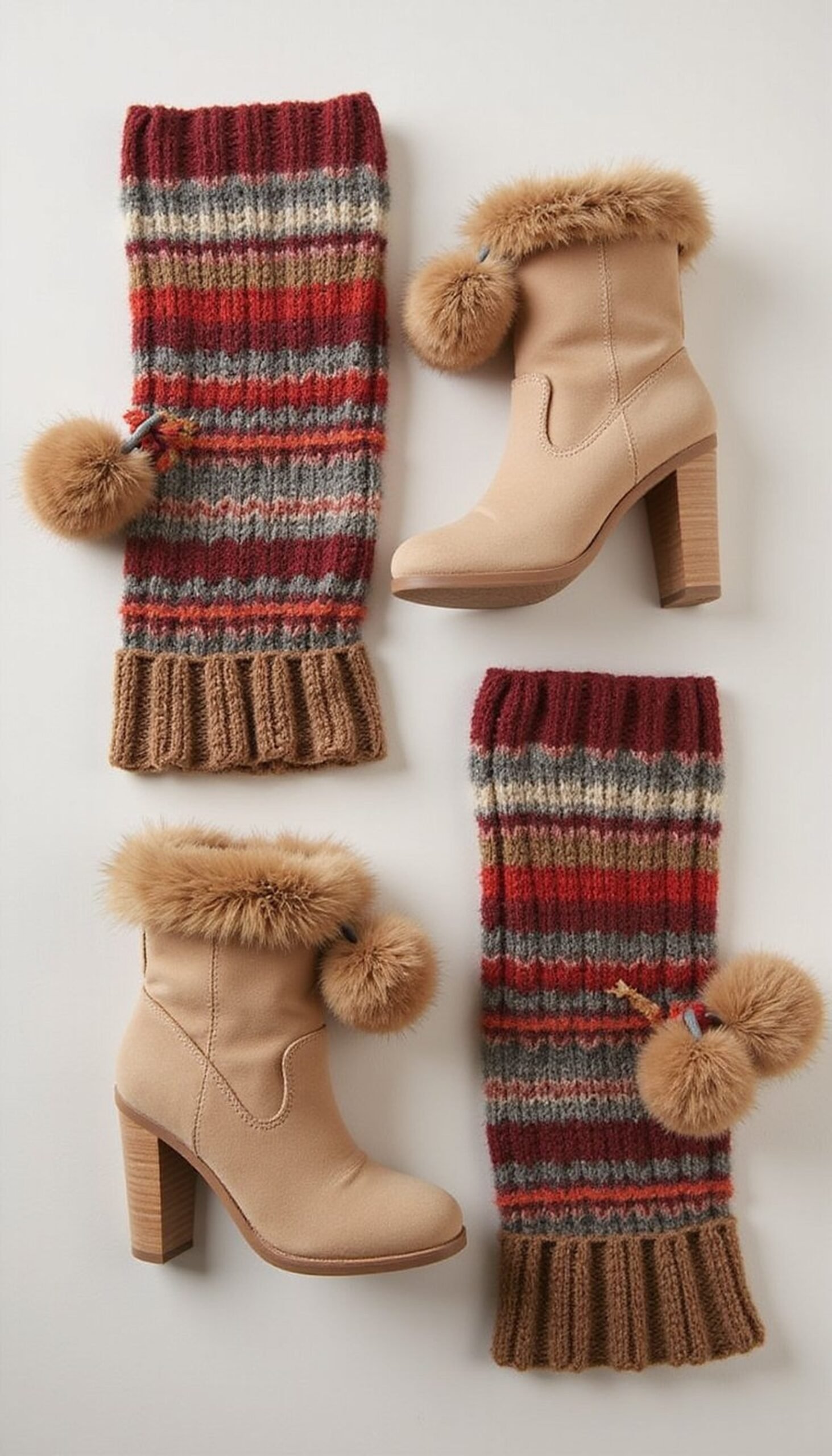 Pom-Pom Boots Paired with Colorful Leg Warmers