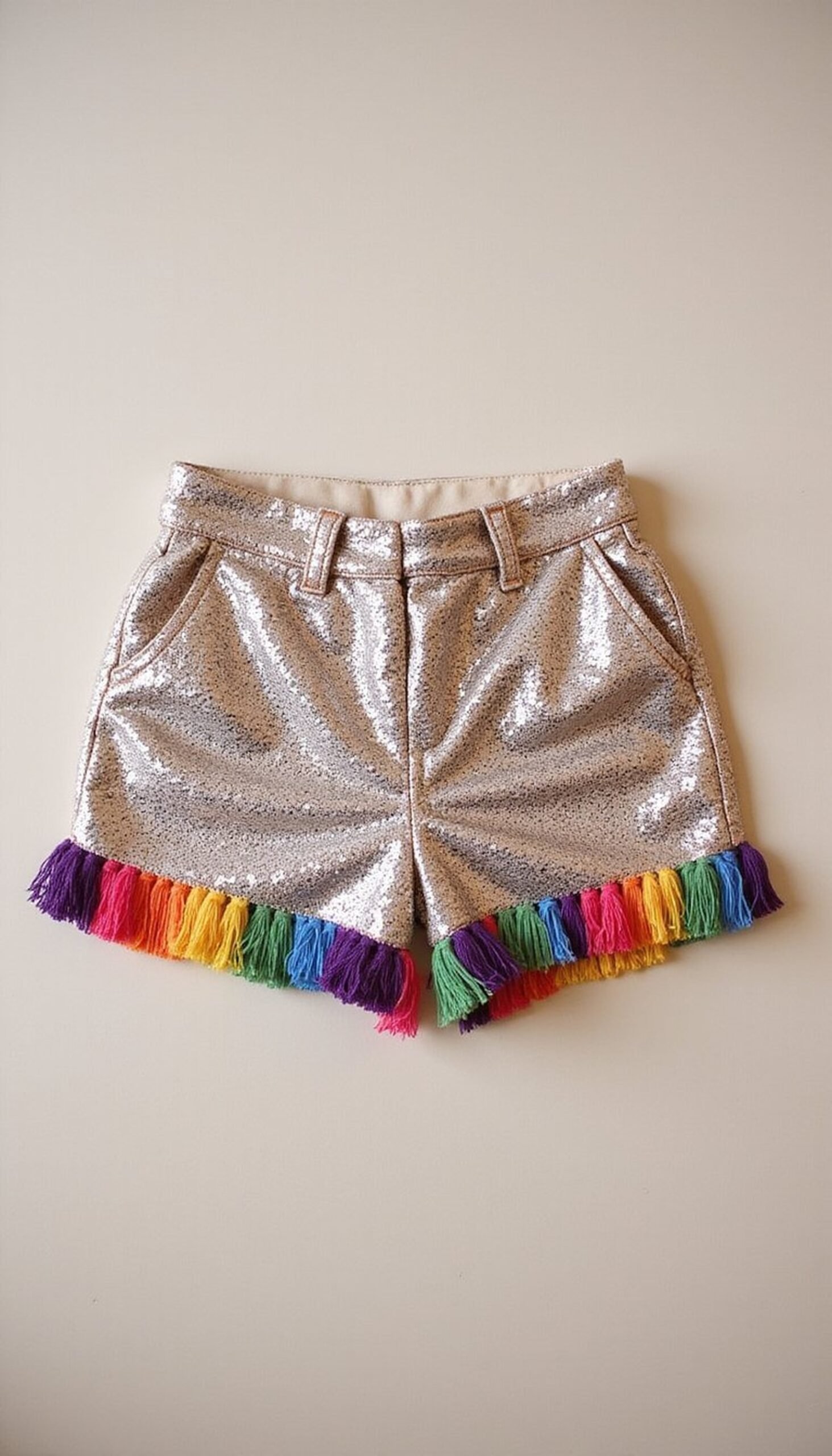 Sequin High-Waist Shorts with Tassel Trim