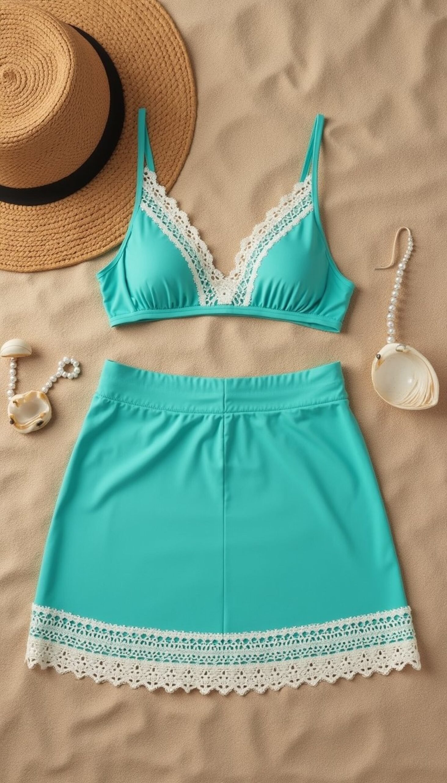 High-waist swim skirt with crochet trim for beach strolls