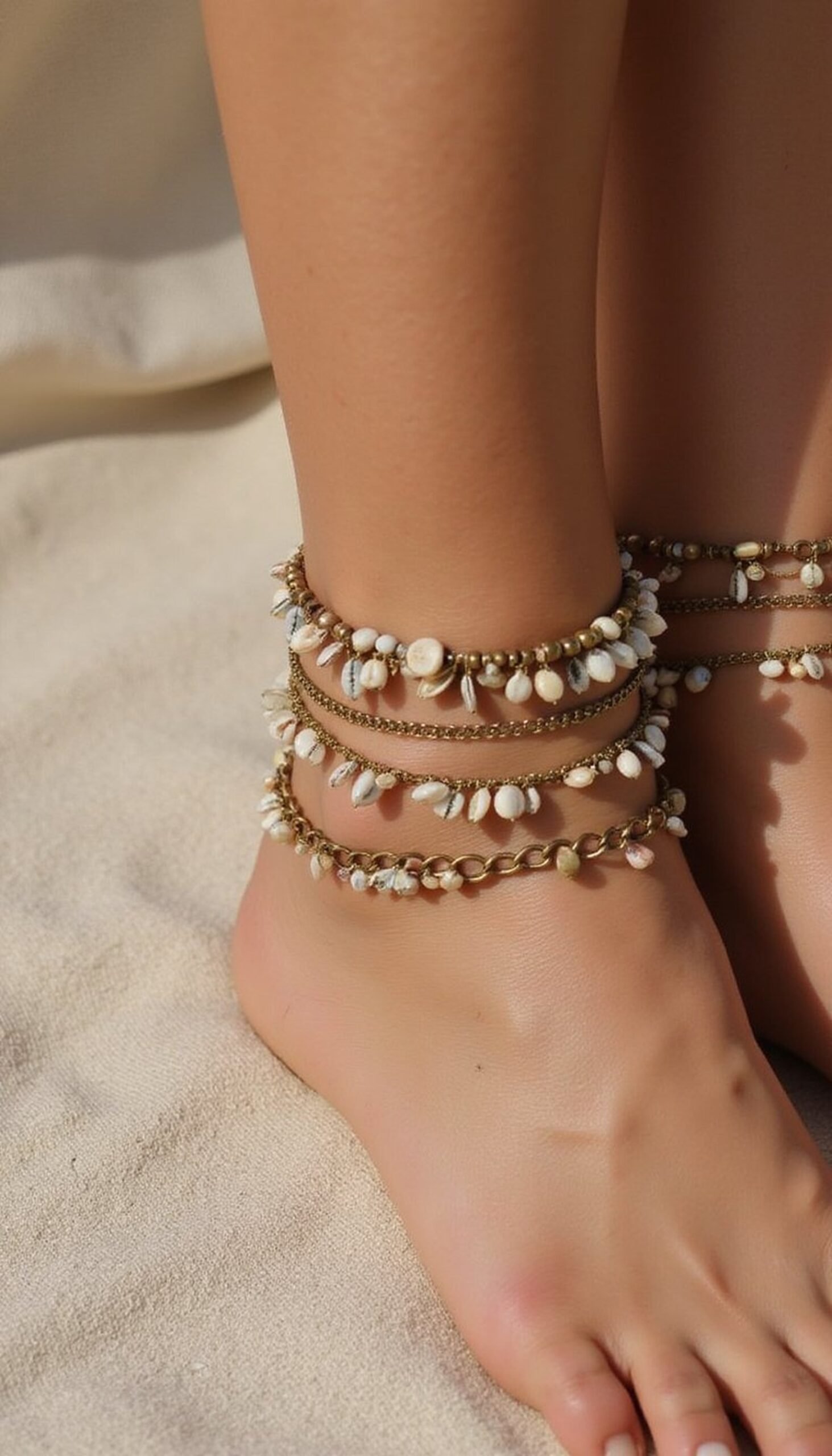 Layered anklets mixing shells, beads, and metal chains