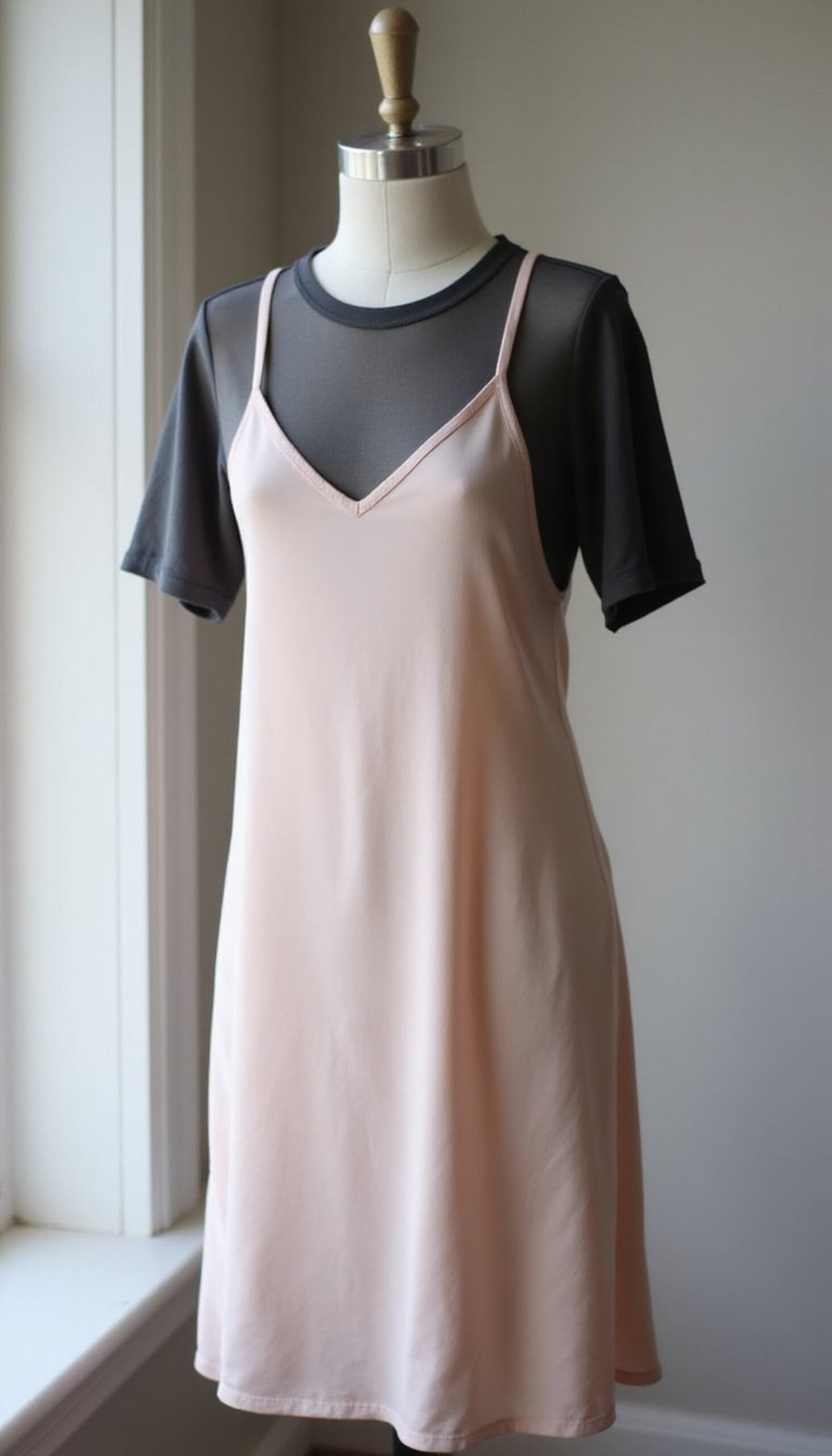 Mesh layering: tee over slip dress for contrast