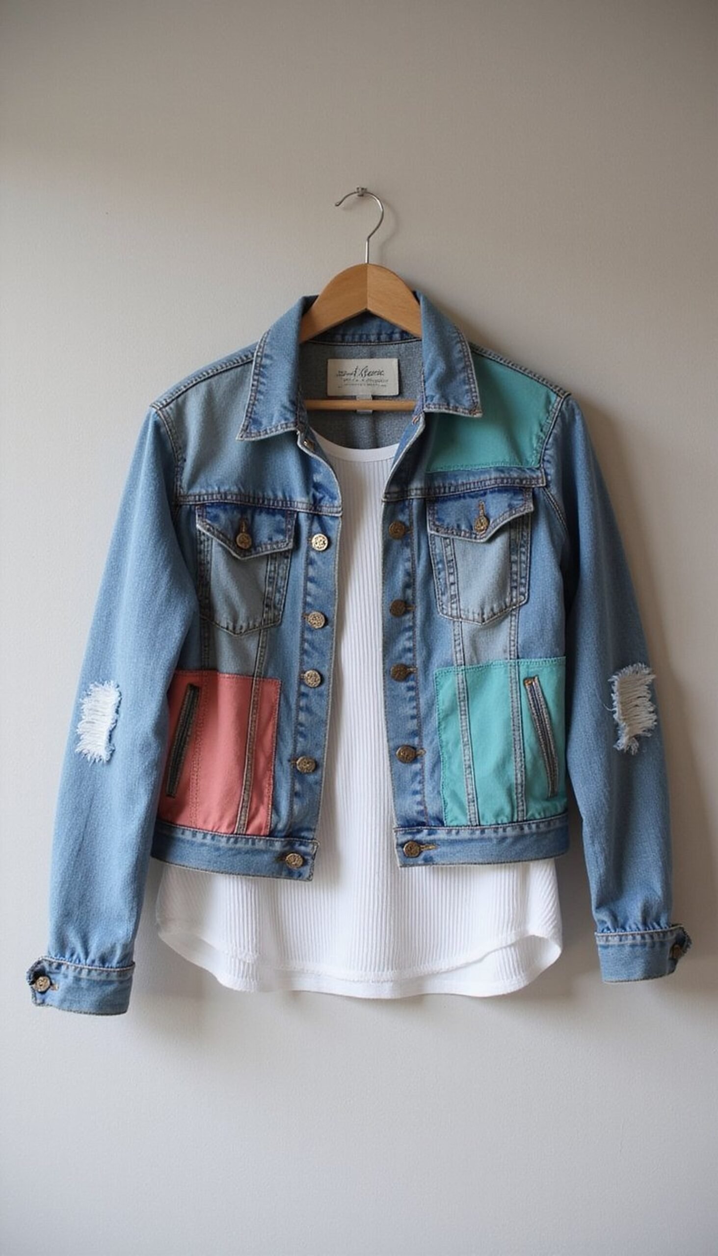 Reworked denim jacket with painted patches and distressing