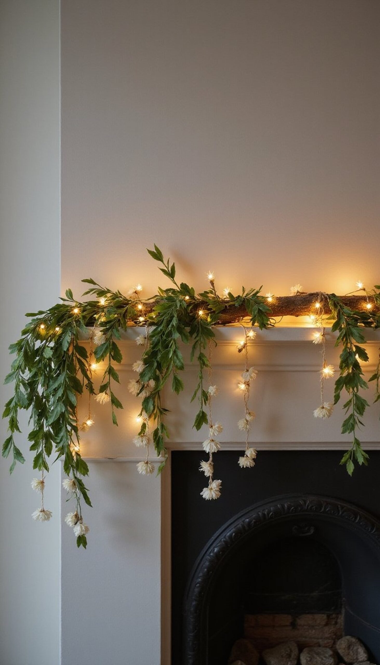 Branch and fairy-light mantel installation DIY