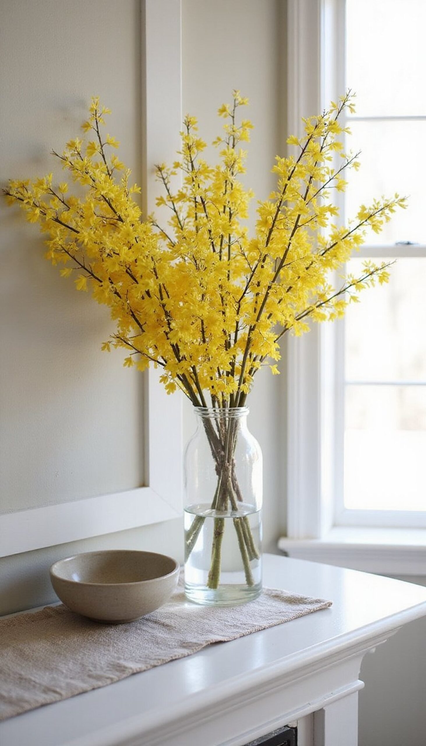 Forsythia branches in tall glass vase