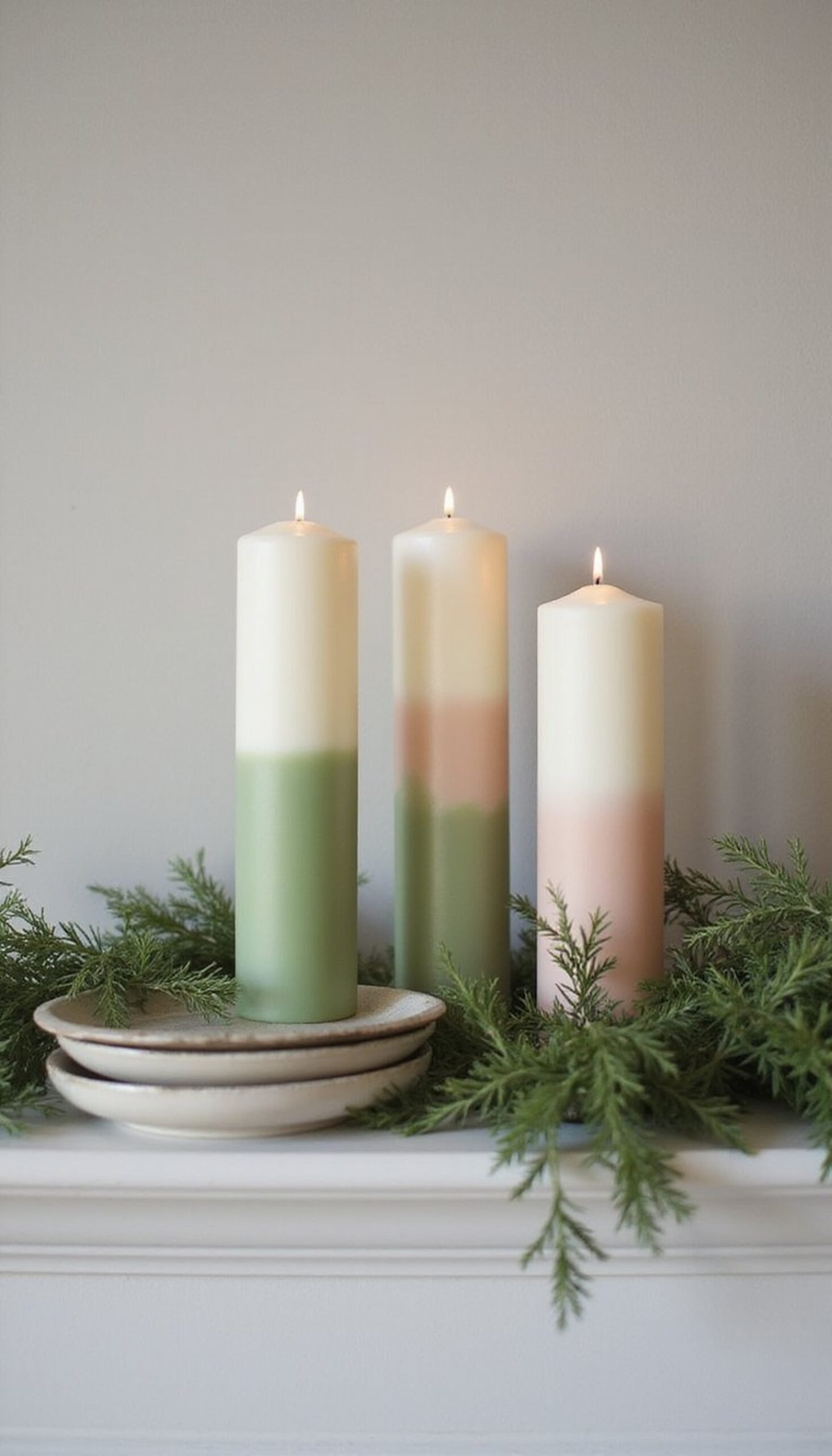 Ombre-dipped candles with sprigs of greenery
