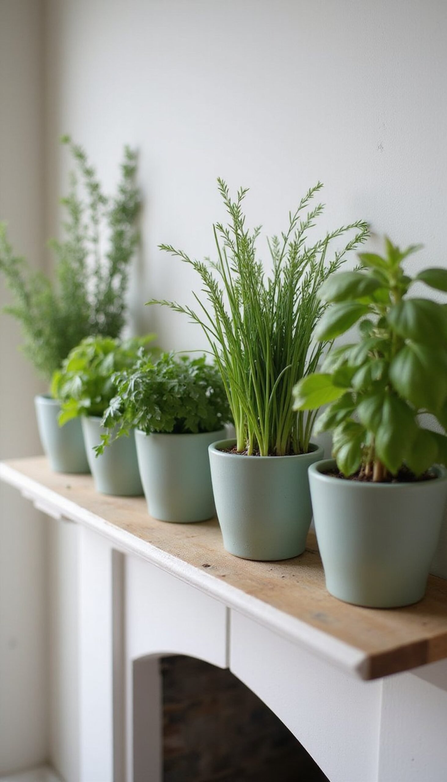 Potted herb garden across the mantel