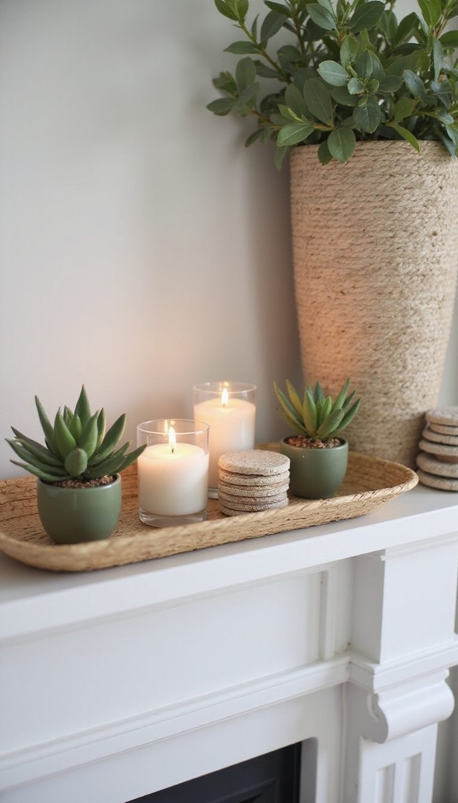 Rattan tray with succulents and tea lights