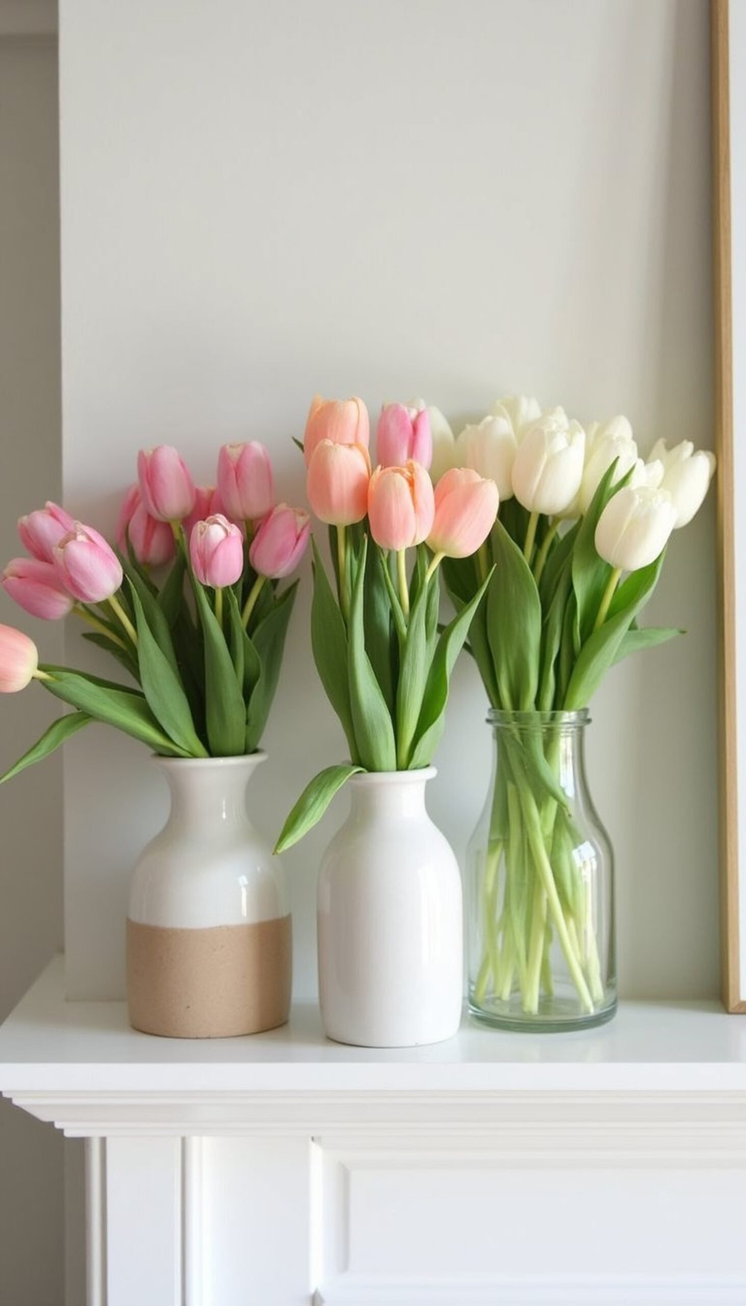 Tulip cluster trio in mismatched vases