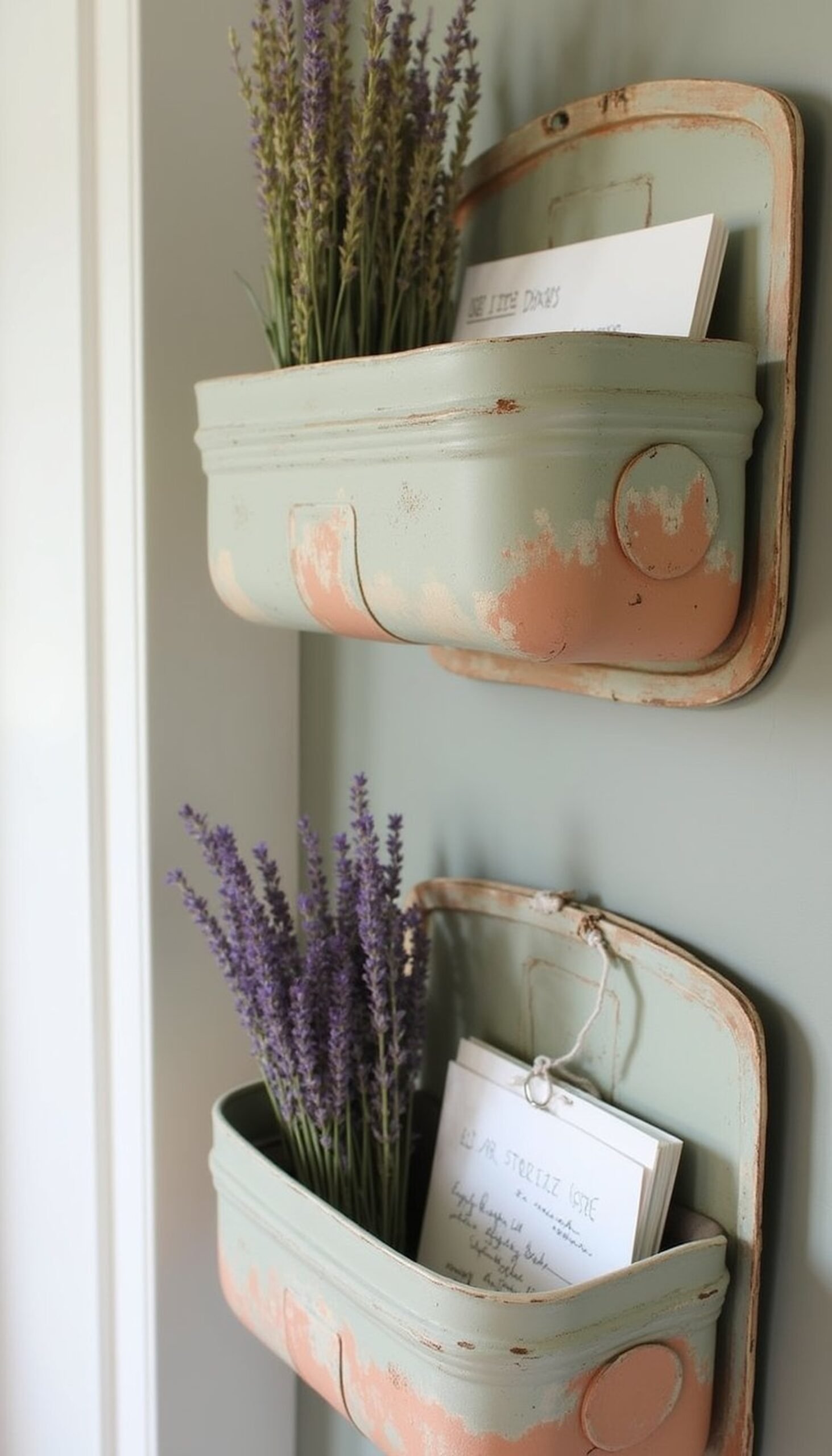 Hand-painted recycled tin wall baskets display