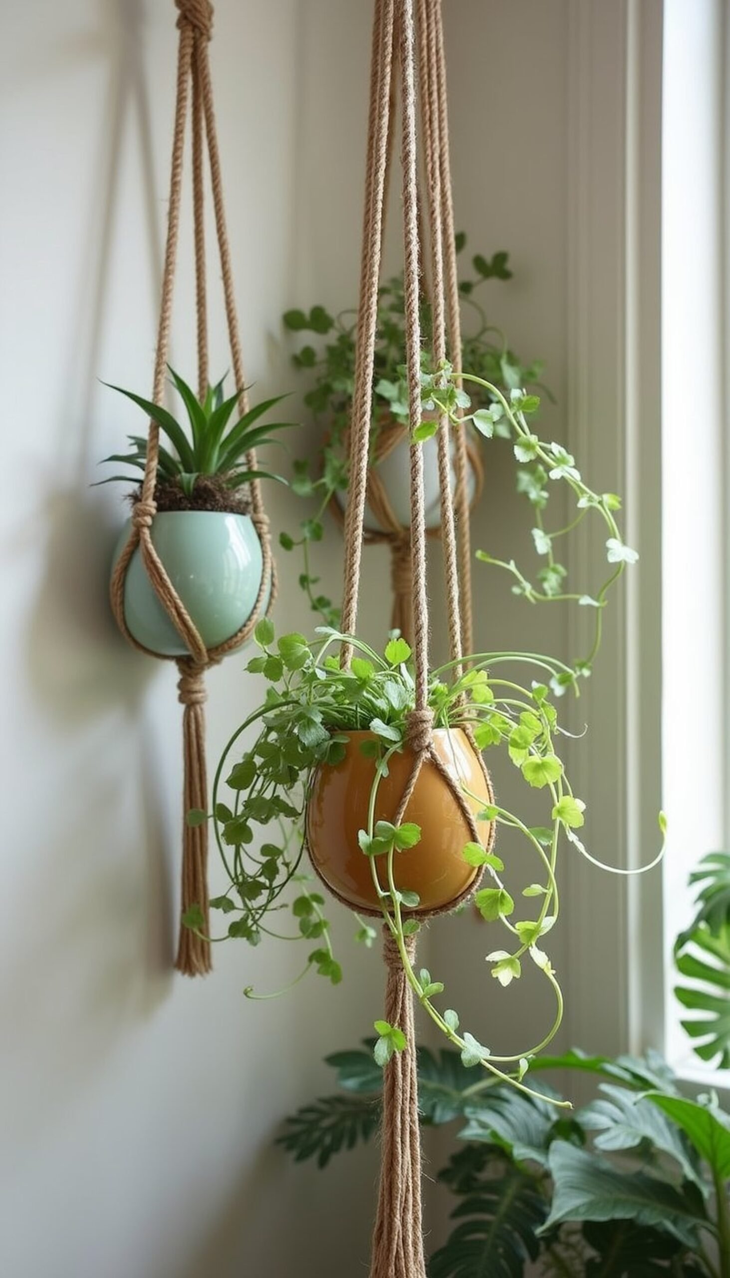 Macramé plant hangers from recycled cotton rope