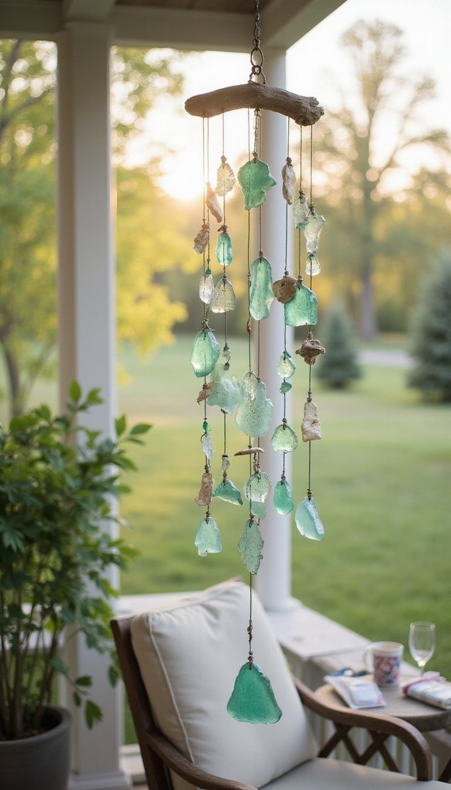 Sun-catcher wind chimes made from sea glass