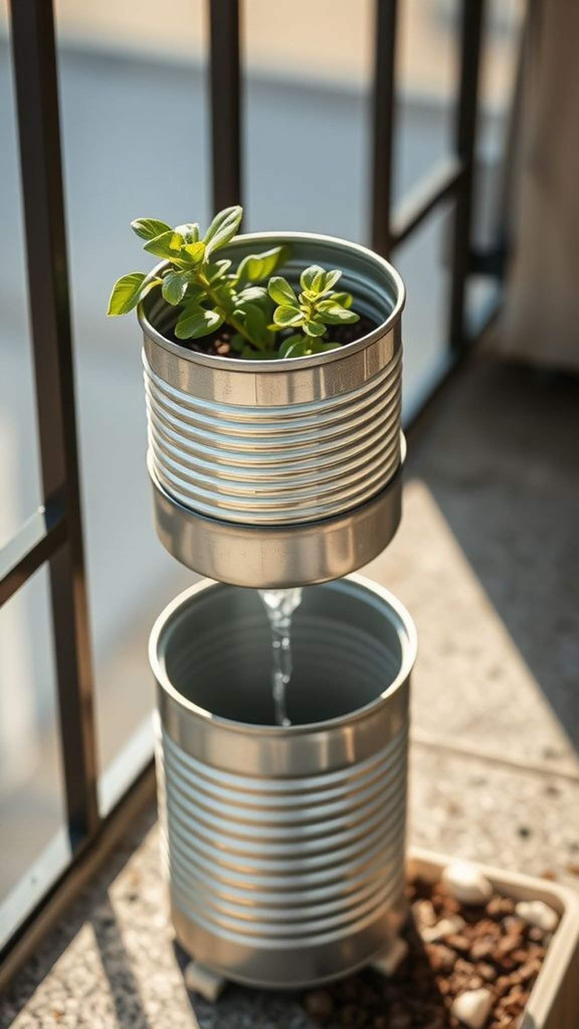 A self-watering planter made from two cans