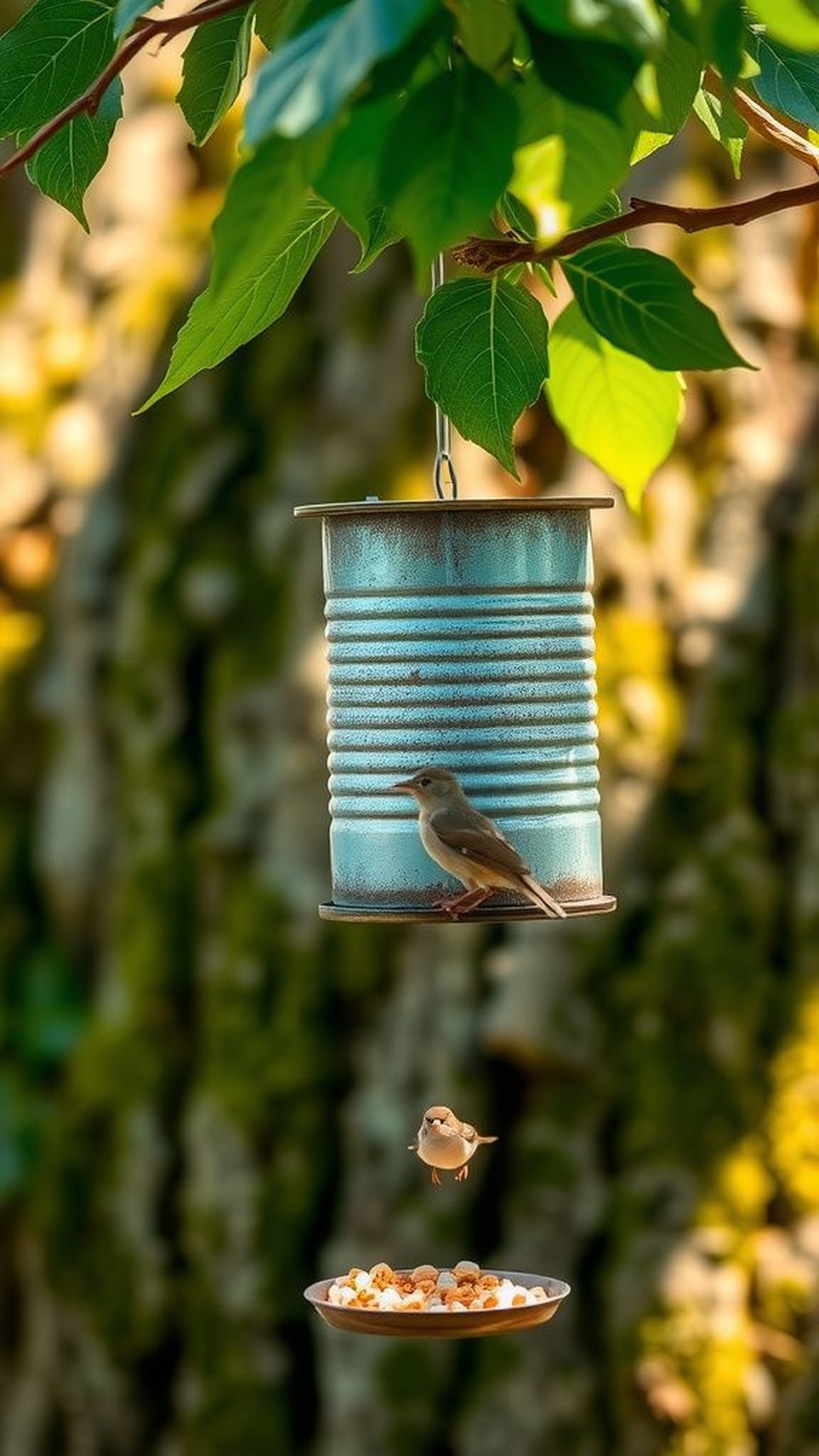 A tiny bird feeder made from a recycled can