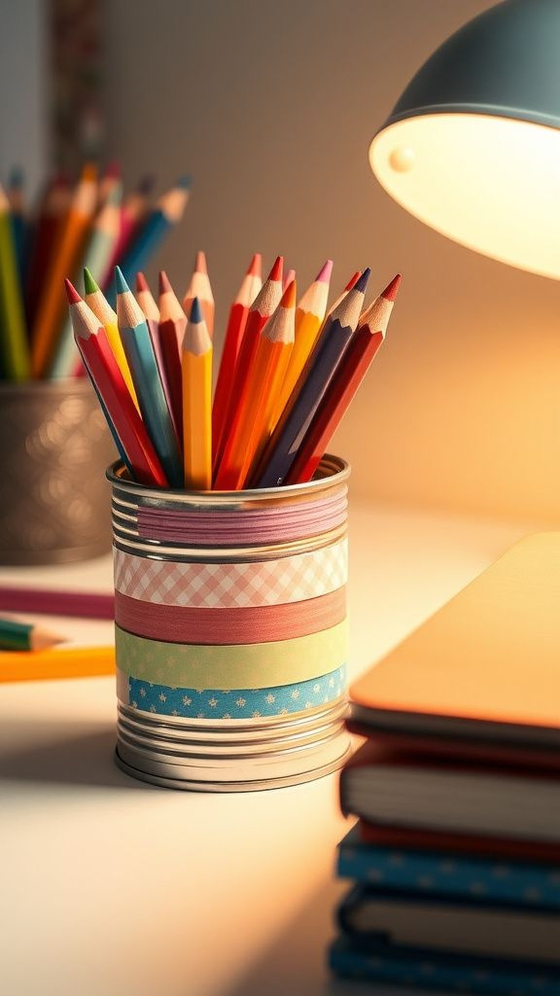 Colorful pencil holder with patterned washi trim