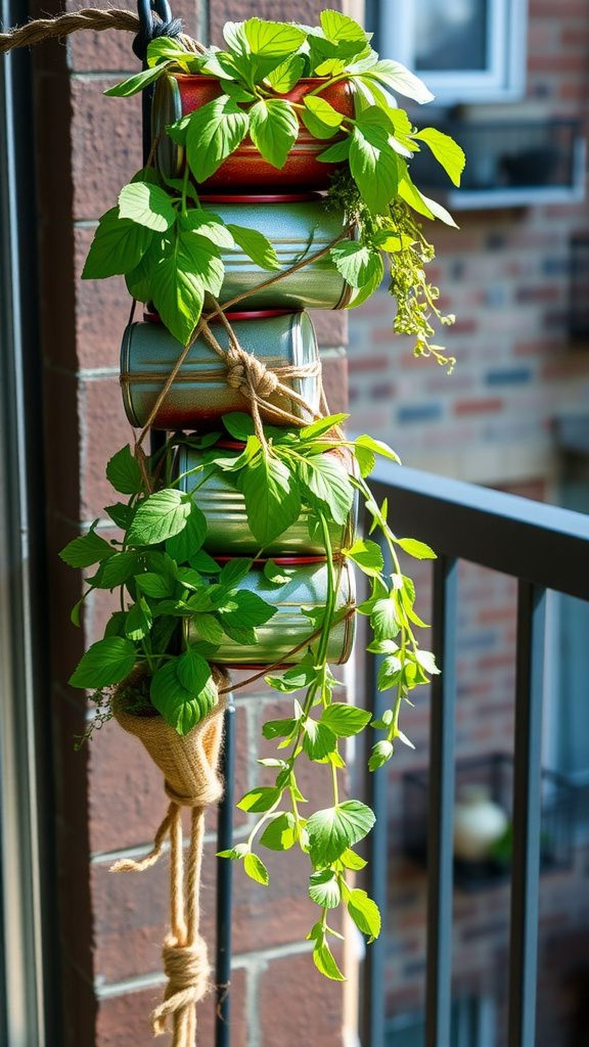 Hanging herb tower made of stacked cans