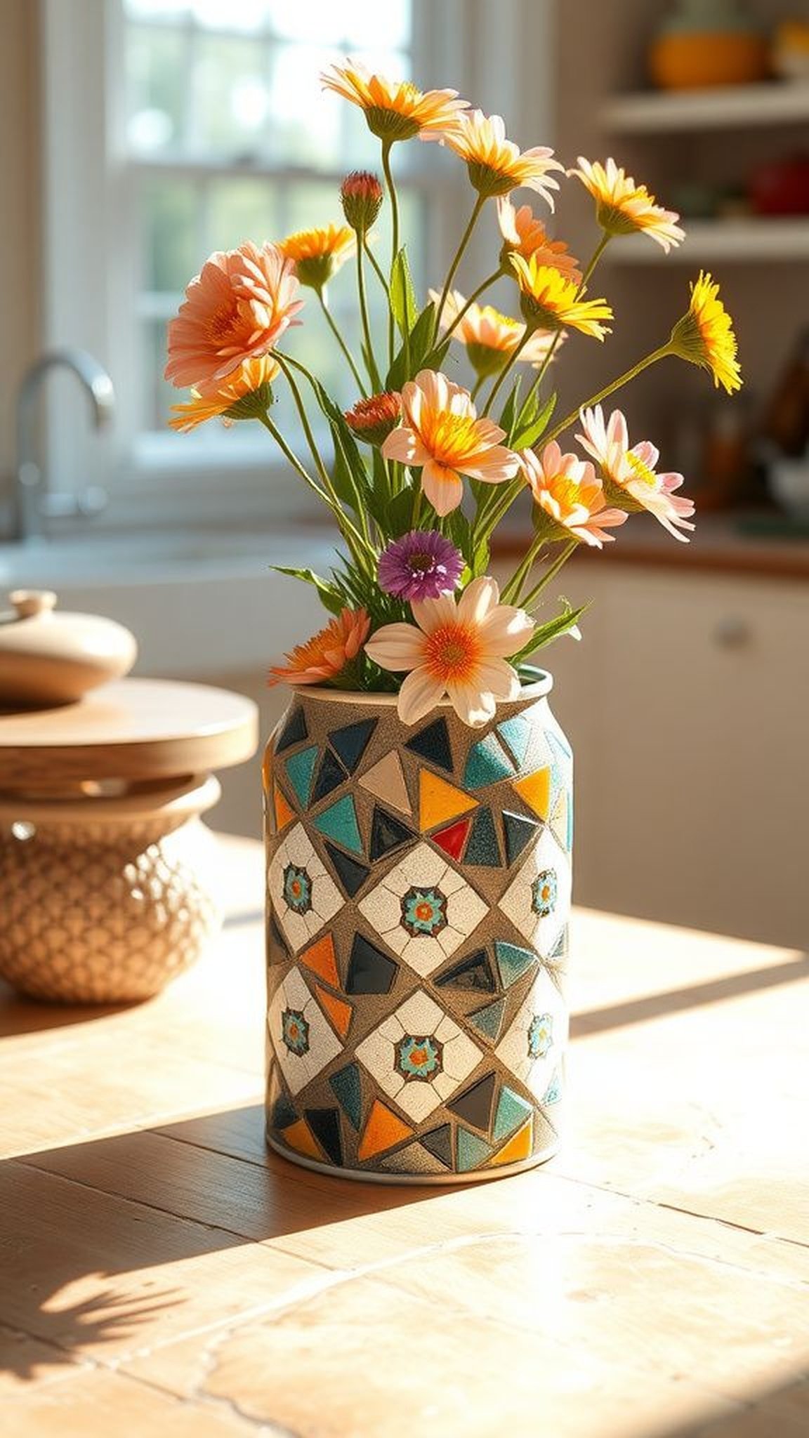 Mosaic tin can vases with broken tile accents