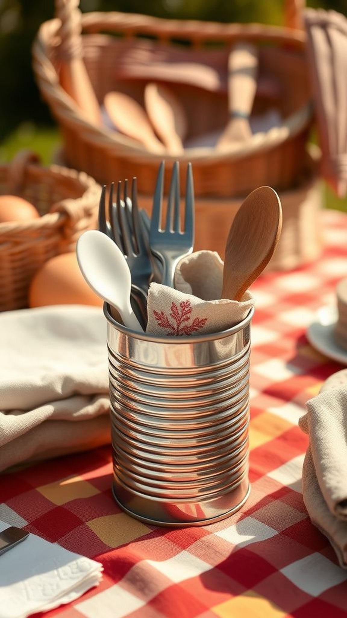 Picnic-ready utensil caddy from a recycled can