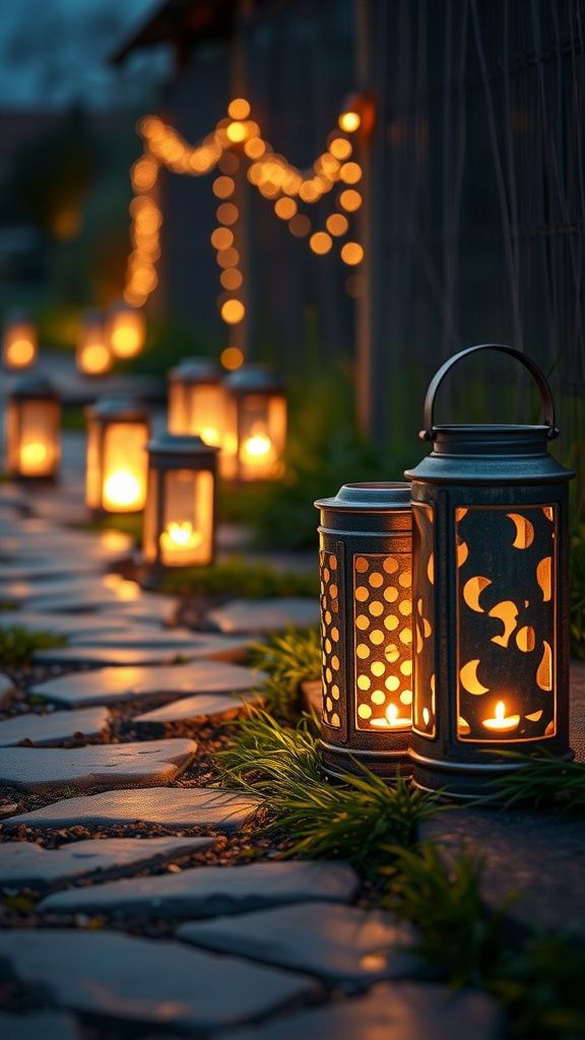 Rustic perforated lantern for garden pathways