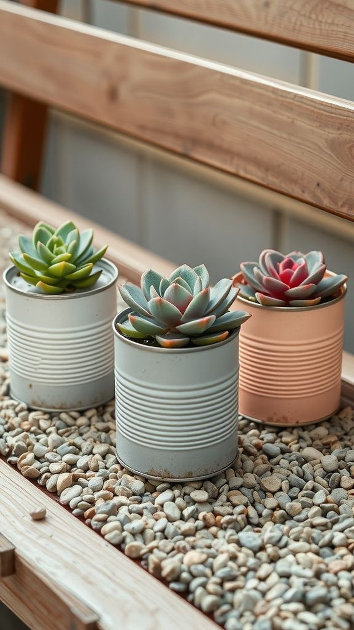 Succulent trio planted in a row of cans