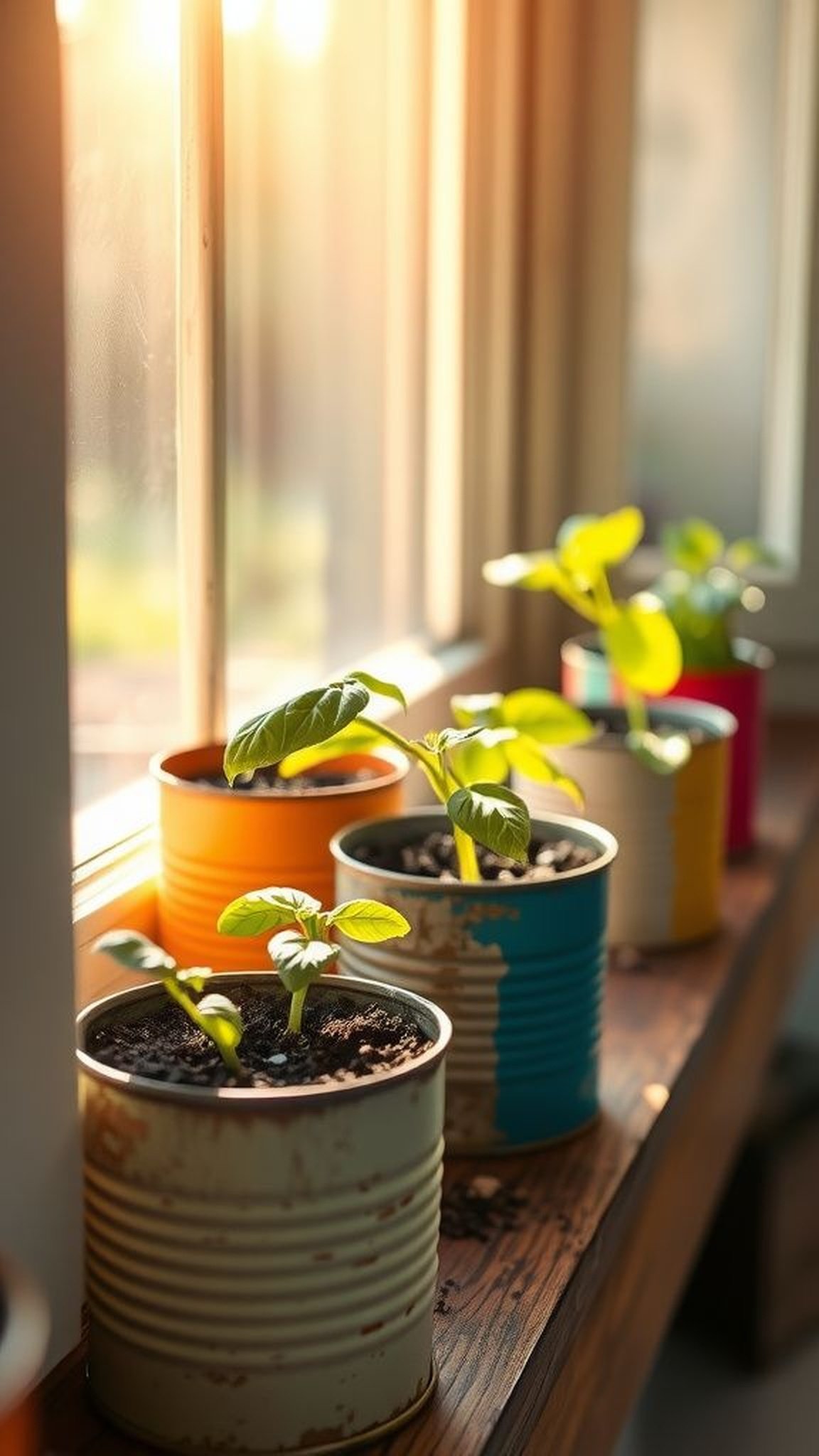 Sunlit herb windowsill tin can planters