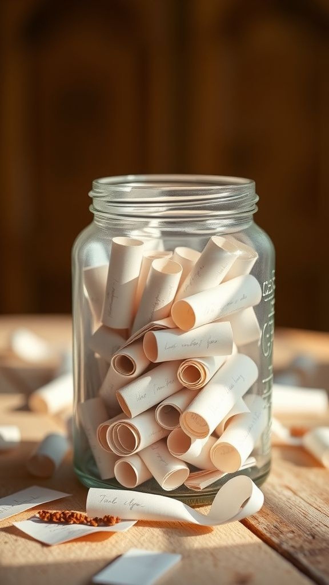 Memory jar filled with tiny note scrolls