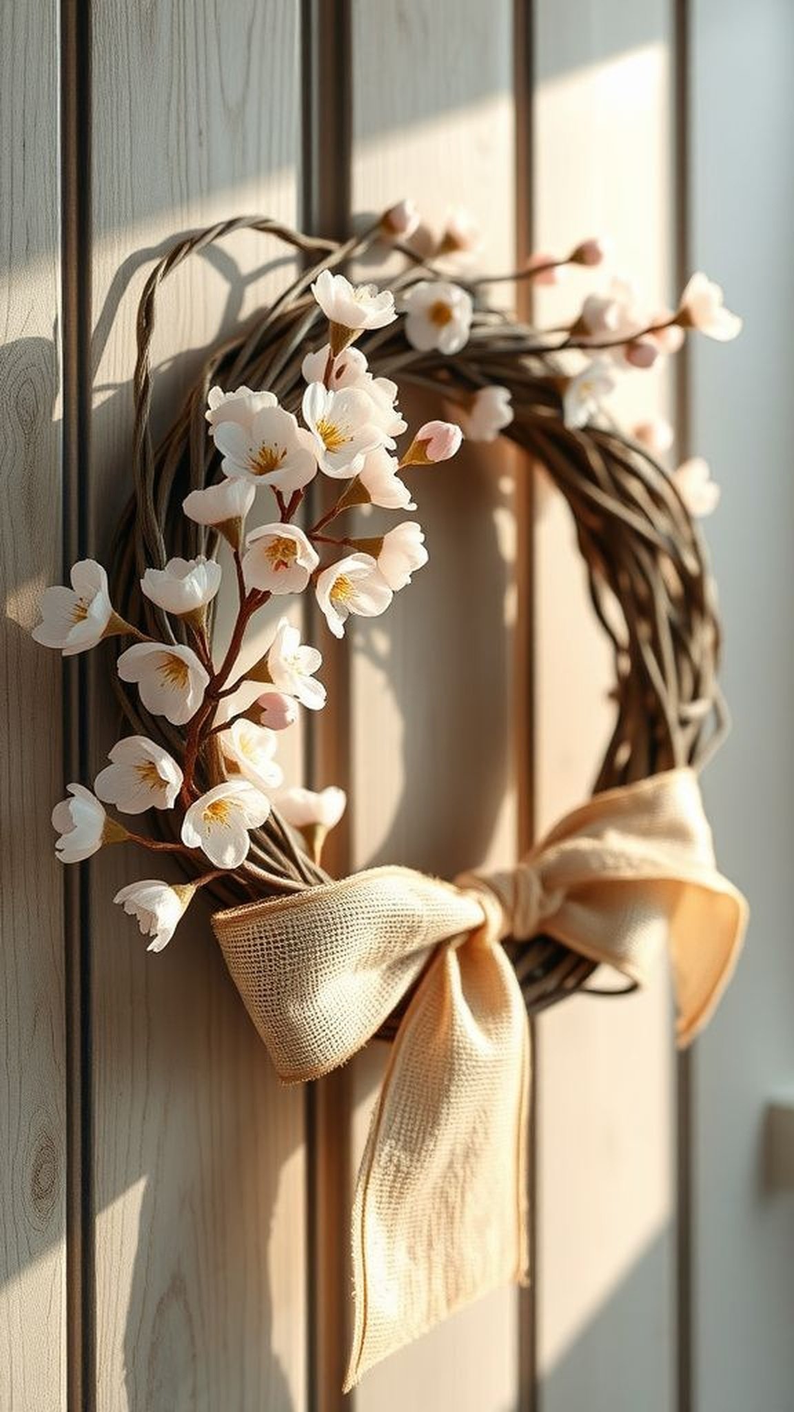 Cherry blossom wreath with burlap and twine
