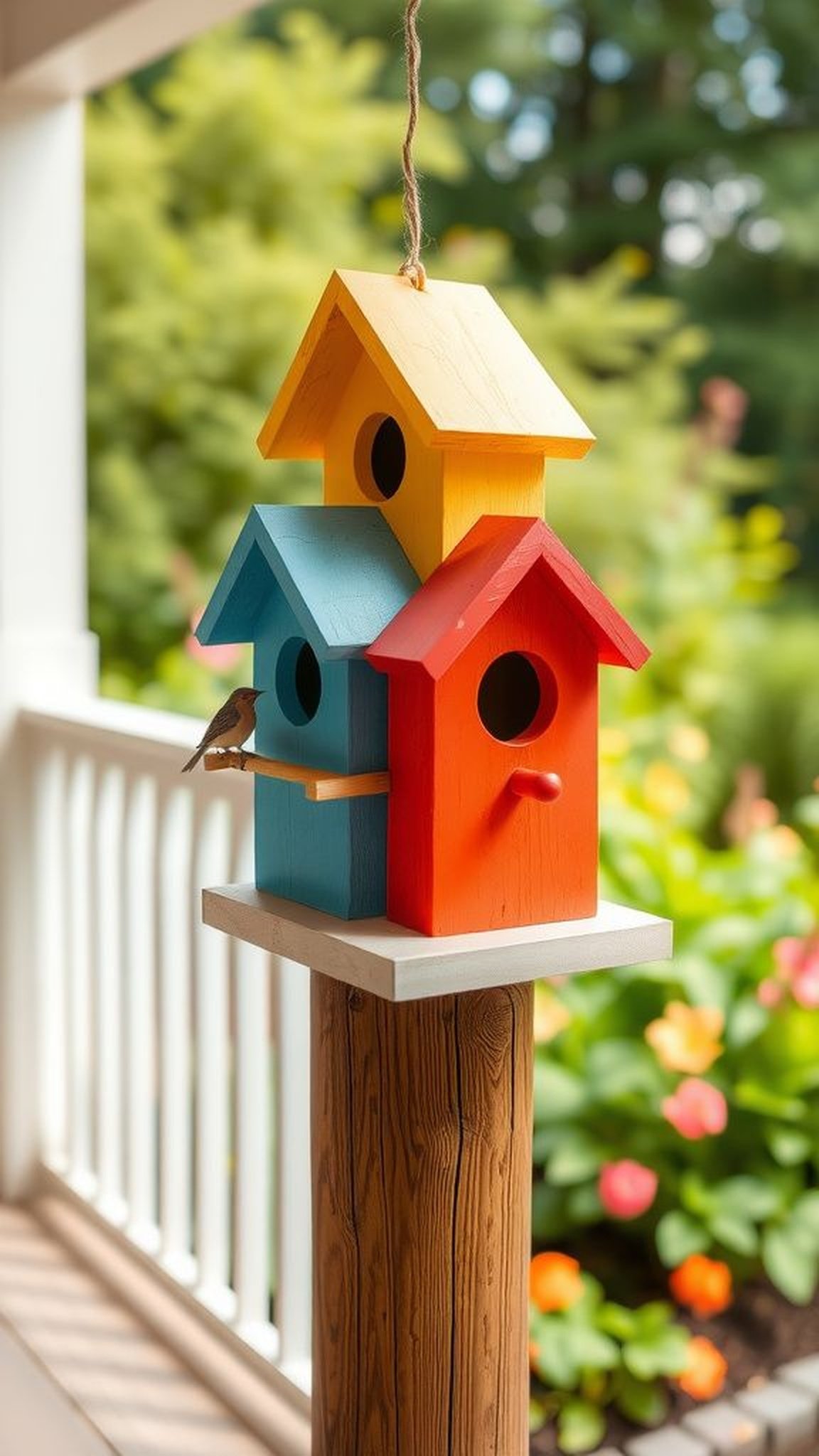 Color-blocked birdhouse display on a post