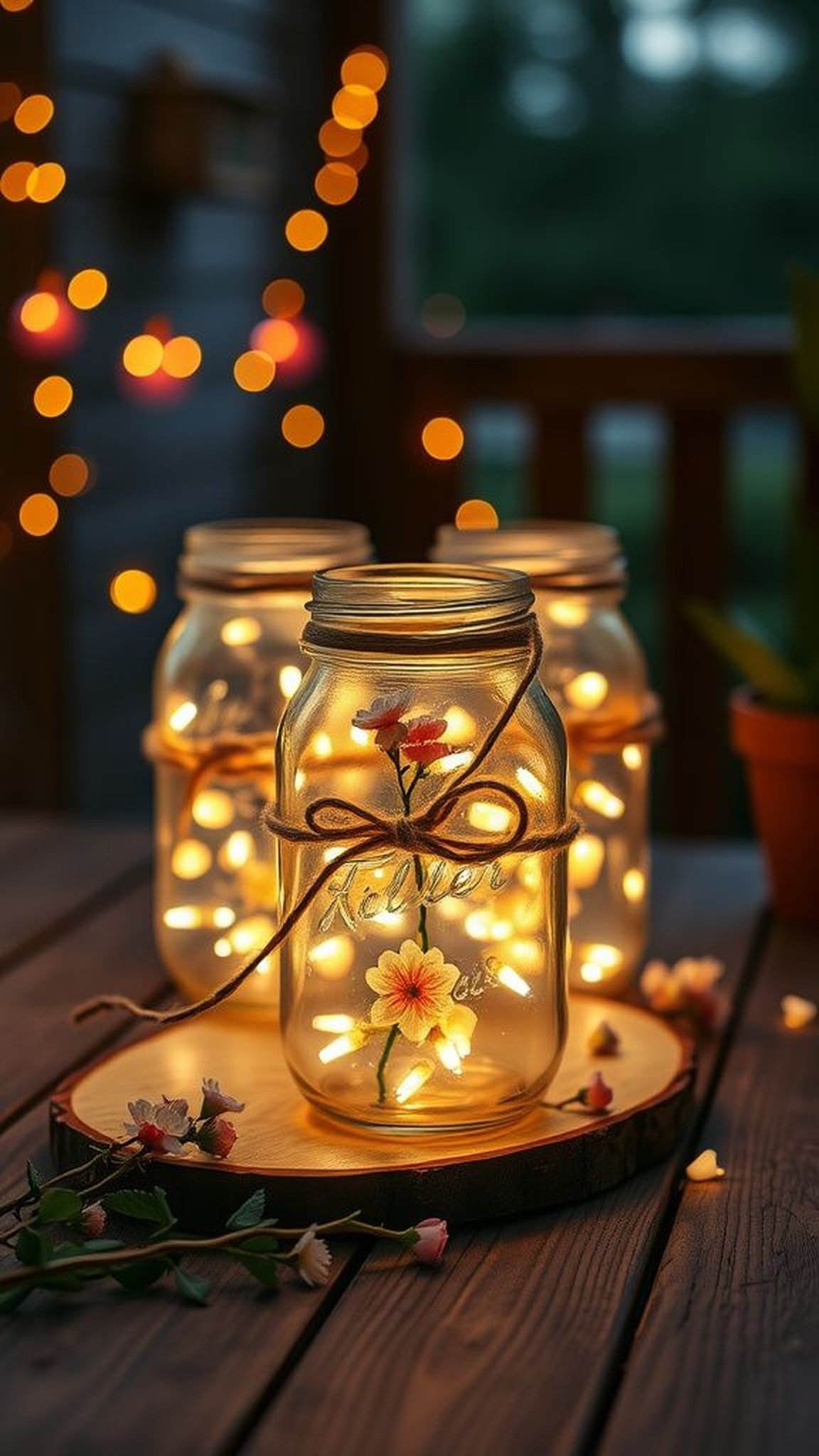 Mason jar lanterns with twine and blossoms